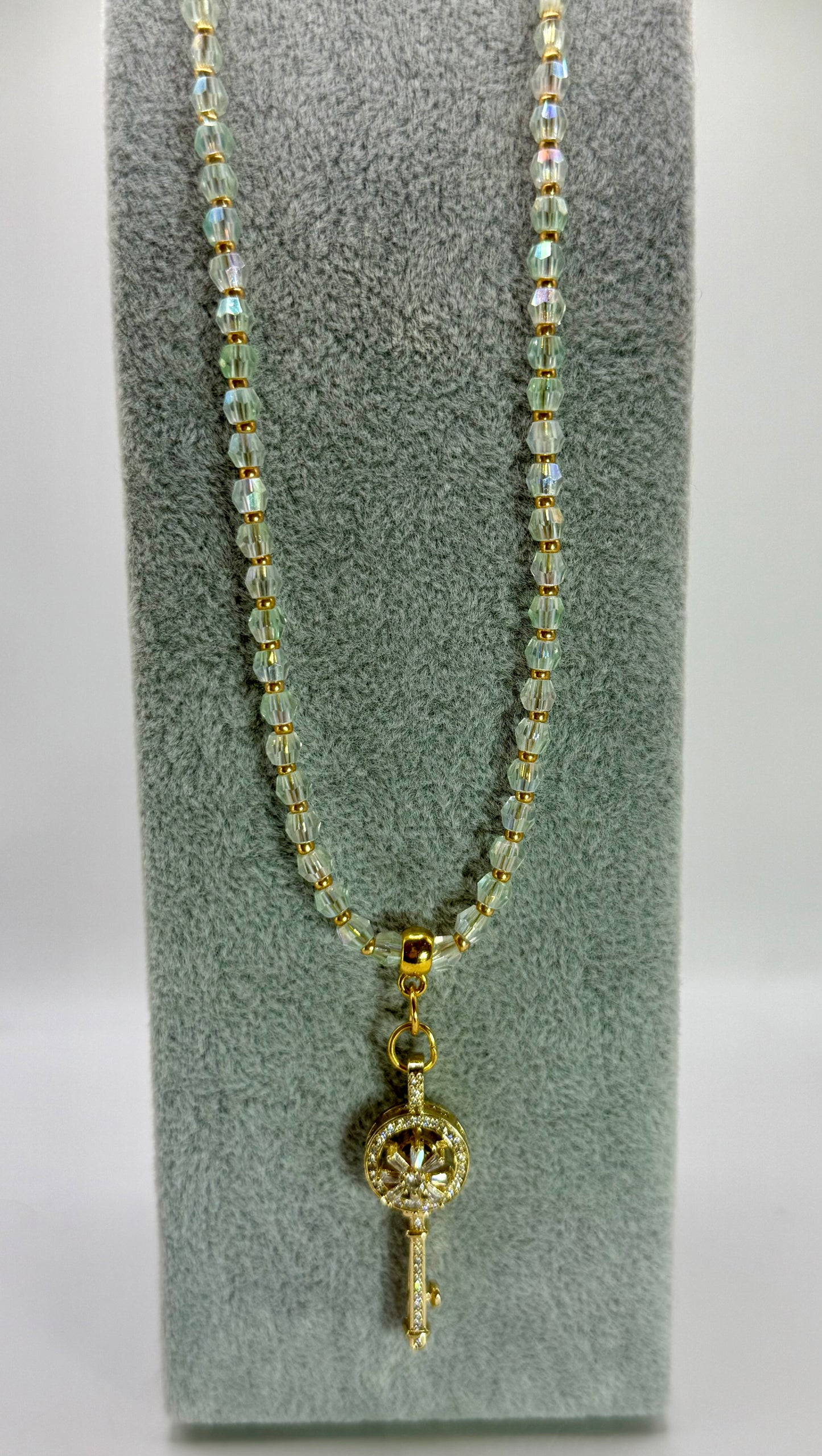 Gold Key Pendant Necklace – 20” Light Green Zircon Necklace with Spinner Key Charm, Elegant Crystal Beaded Jewelry, Gift for Her