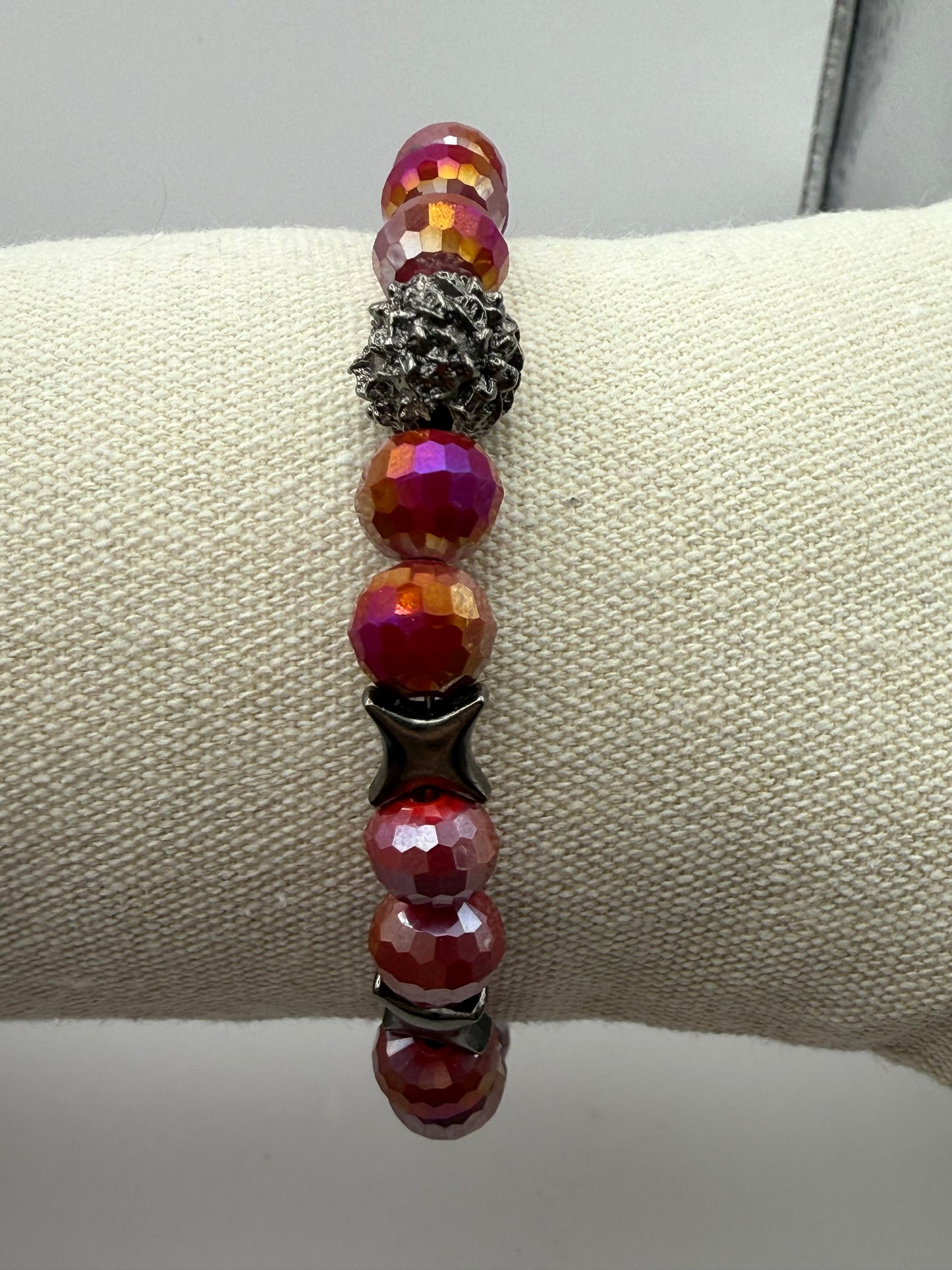 Faceted Cranberry bracelet with silver luster and gunmetal black accents 7.5"-7.75"