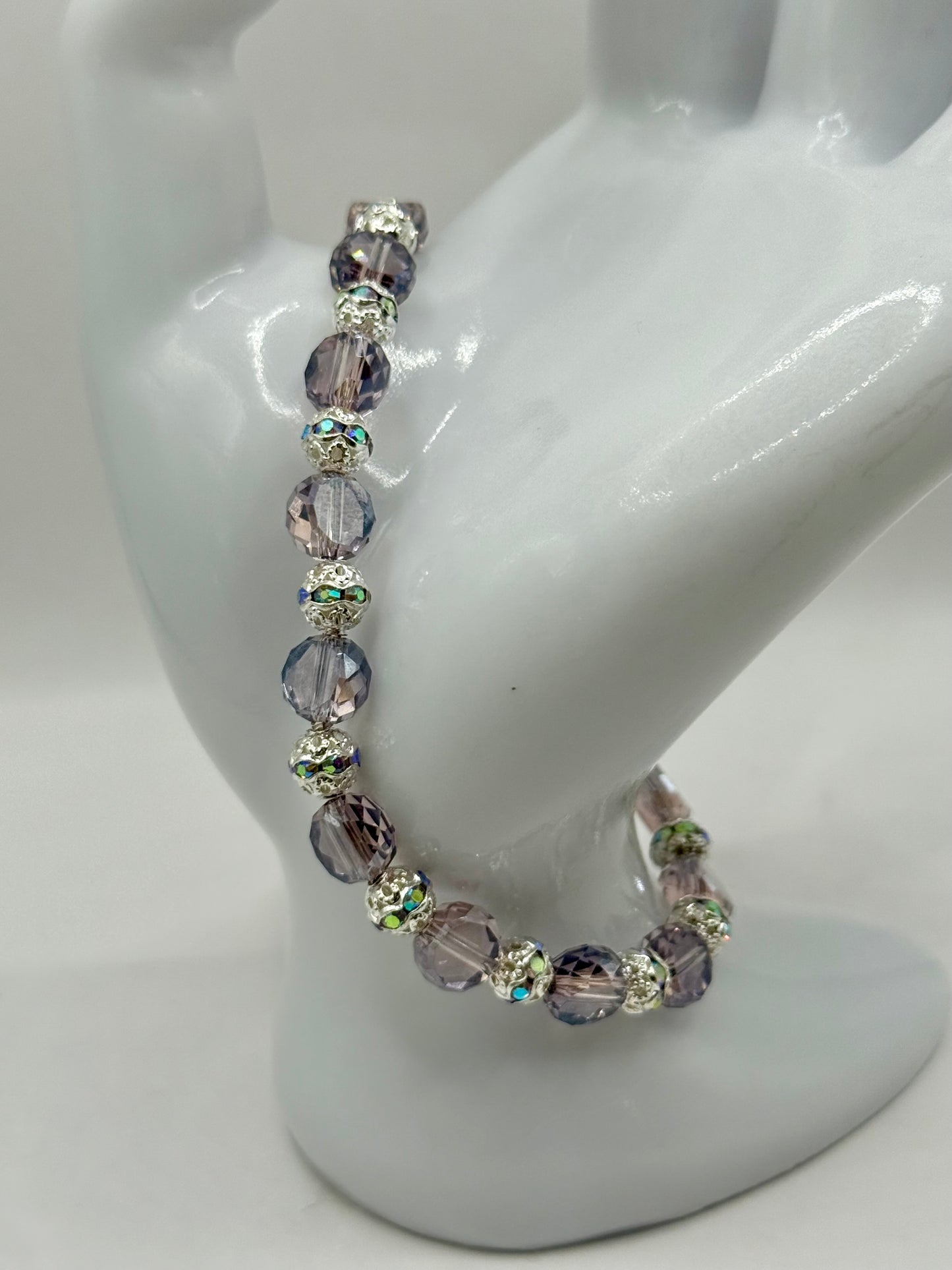 Violet Electroplated Glass Bracelet – 7.5” Clasp, Faceted Coin Beads, Handmade Jewelry Gift