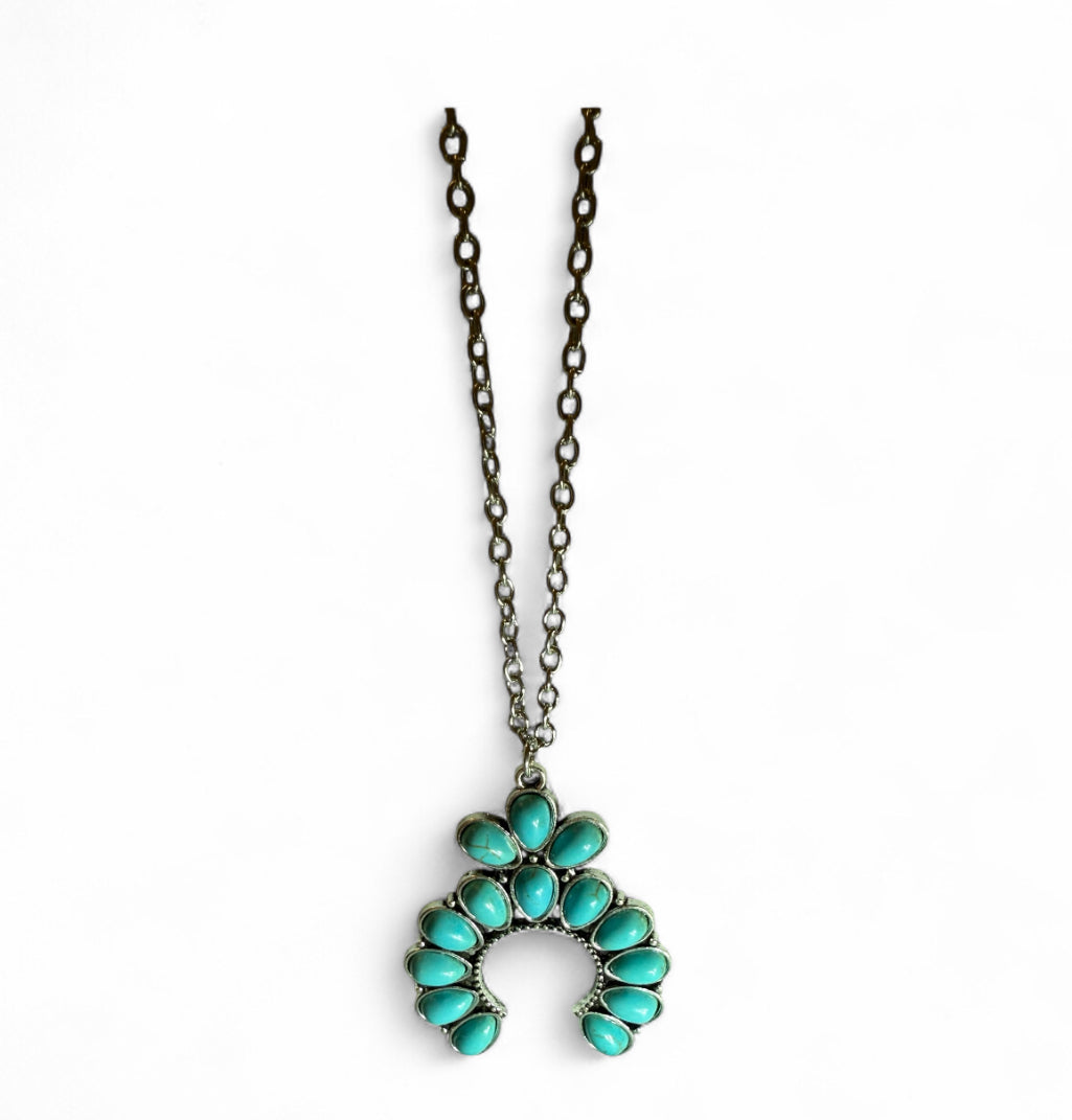 Turquoise Howlite Squash Blossom Necklace – 18” Silver Chain