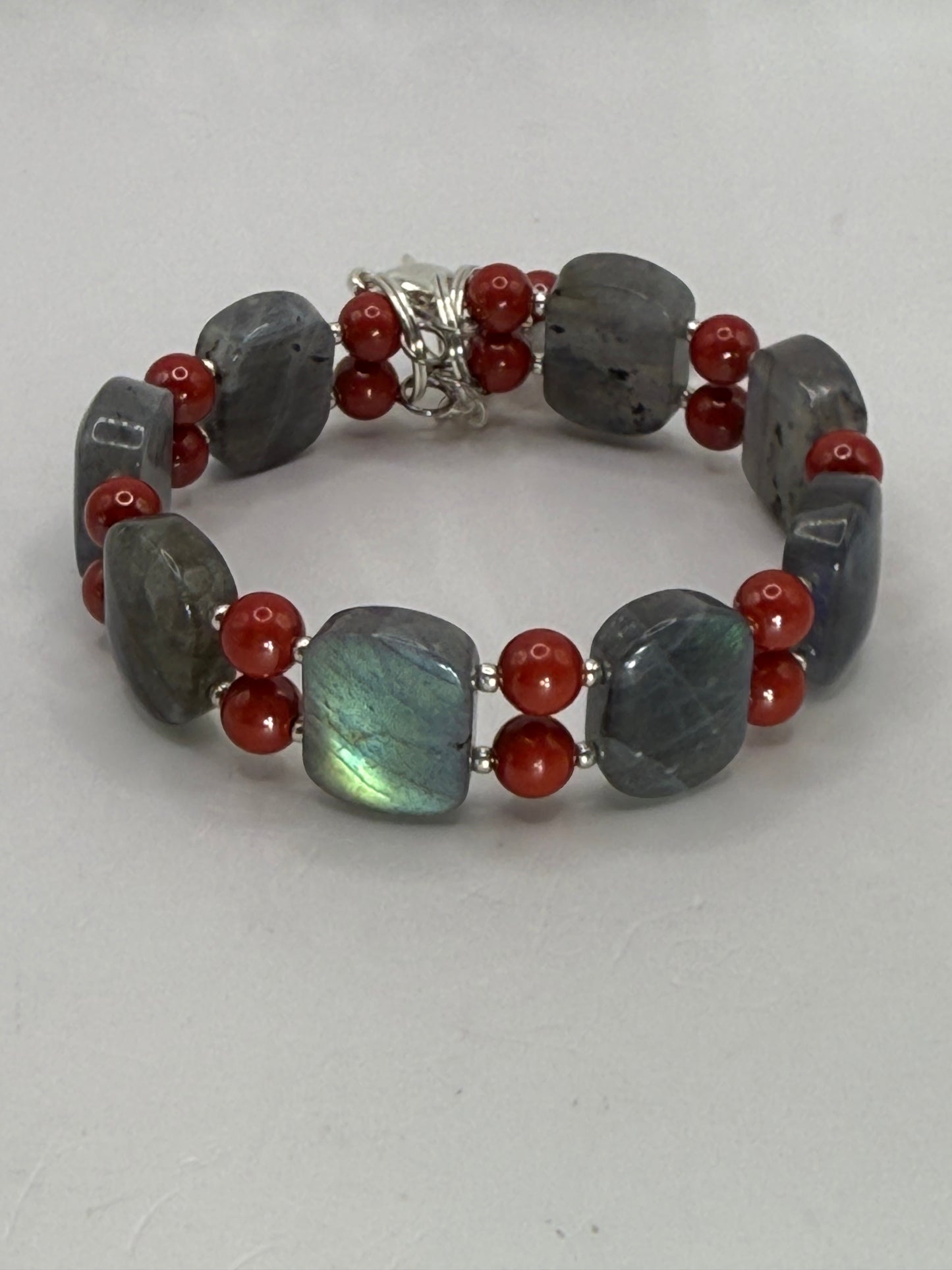 Flashing Labradorite and Cinnabar Double Bangle Bracelet | 7.5”–8” Adjustable Clasp Gemstone Bracelet | Handmade Statement Jewelry
