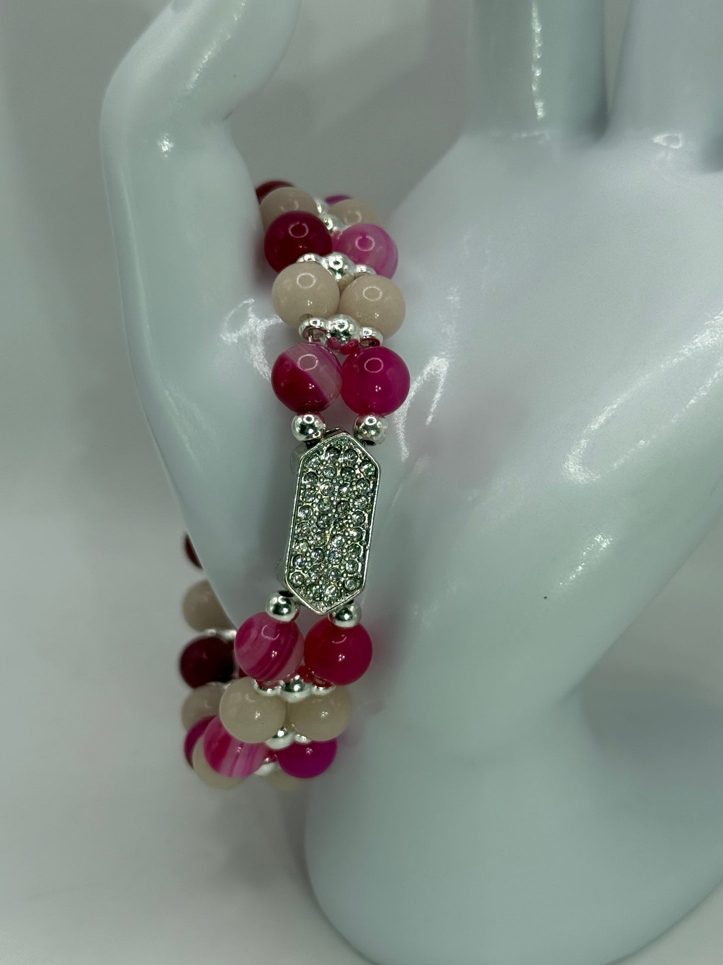 Banded Pink Agate & Luminous Stone Double Bracelet | 8” Adjustable Glow in the Dark Jewelry