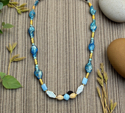 Czech Glass Necklace 22 Inch | Blue Glass Beaded Necklace | Handmade Statement Necklace | Coastal Jewelry | Gift for Her