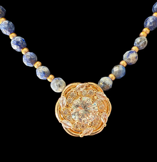 20” Lapis Lazuli Necklace with Gold Crystal Focal Pendant | Handmade Gemstone Jewelry | Elegant Blue Beaded Necklace for Women