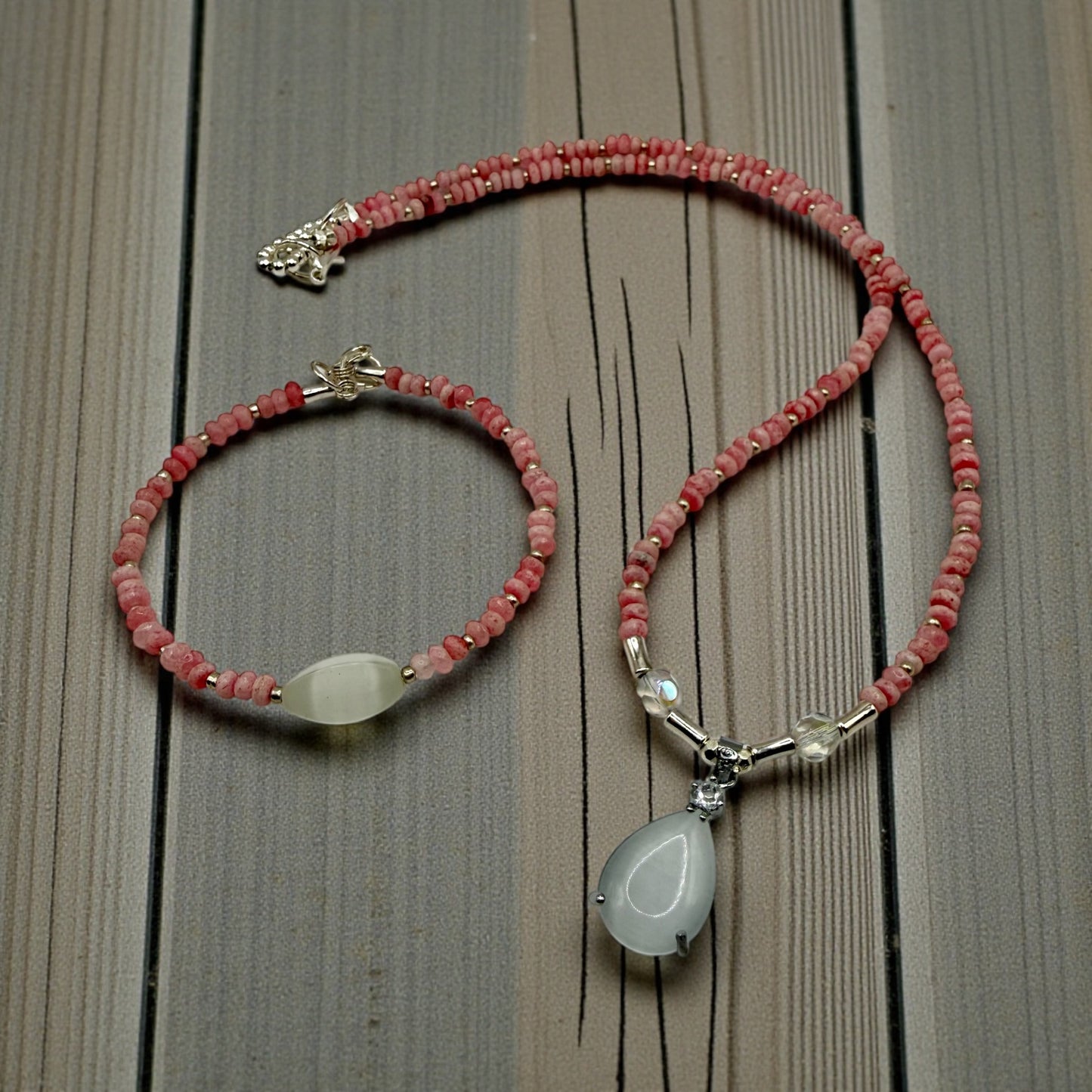 Pink Opal & Moonstone Necklace Set, 20” Teardrop Moonstone Necklace with Matching 7.5” Stretch Bracelet