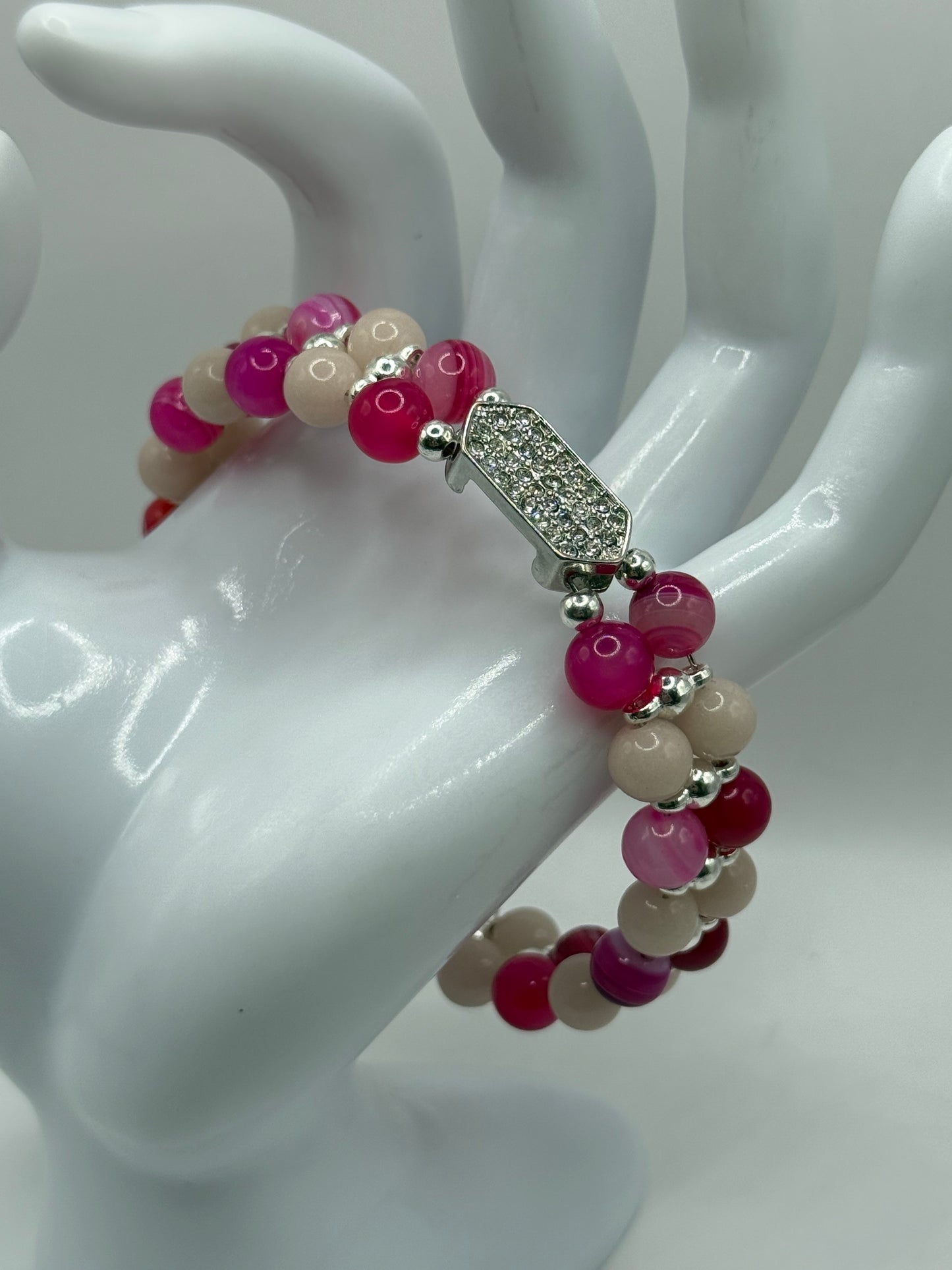 Banded Pink Agate & Luminous Stone Double Bracelet | 8” Adjustable Glow in the Dark Jewelry