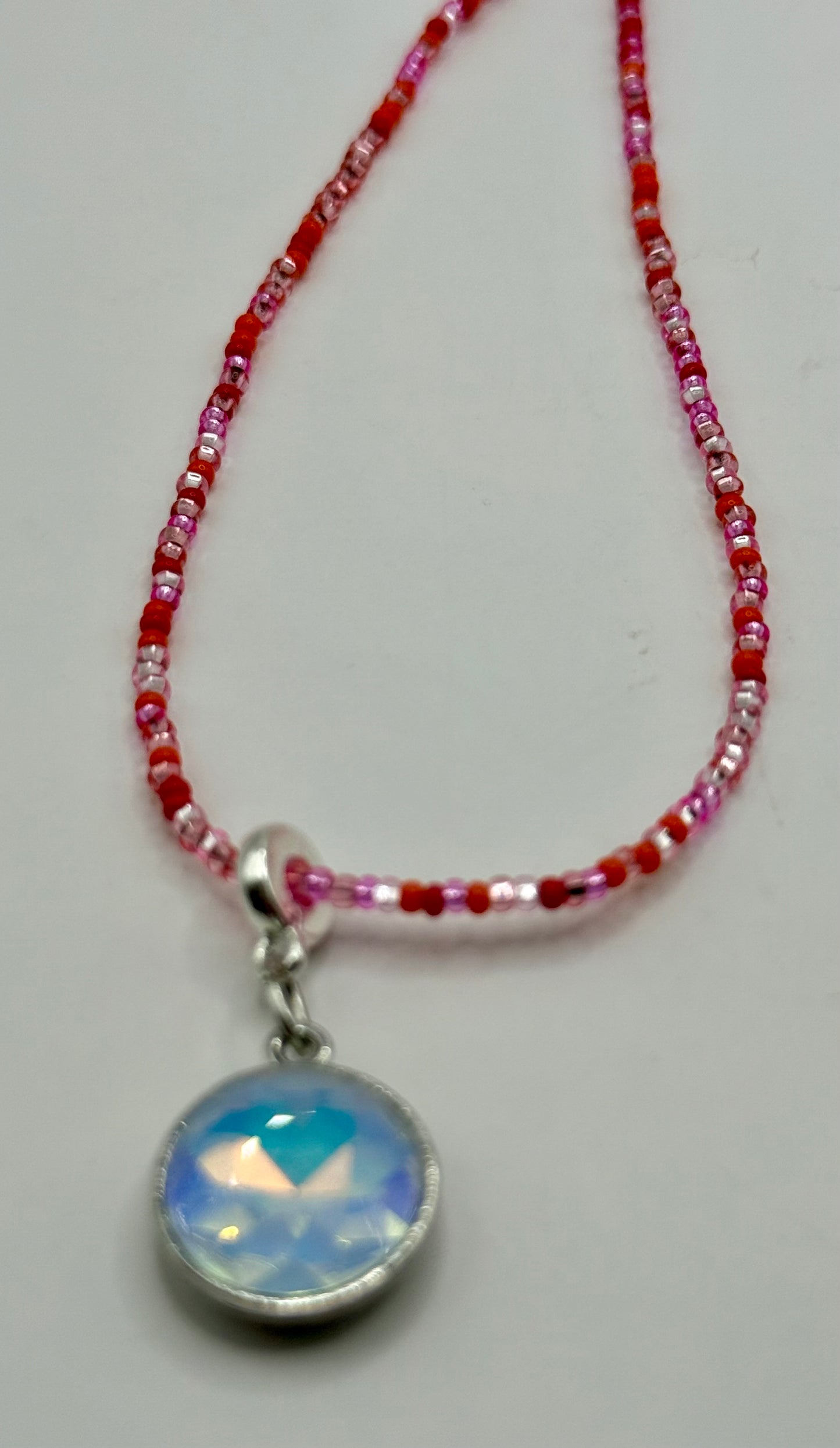 20” Delicate Czech Glass Beaded Necklace with Iridescent Pendant – Handmade Boho Jewelry