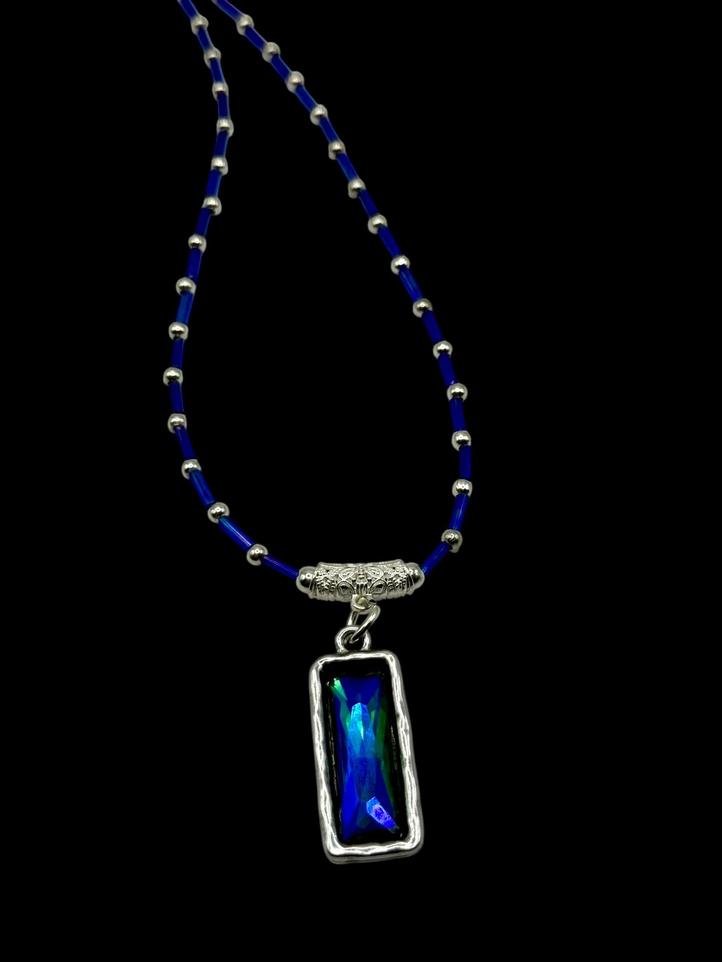 22” Blue Beaded Pendant Necklace with Green & Blue Rectangle Crystal | Handmade Boho Jewelry | Statement Necklace Gift for Her