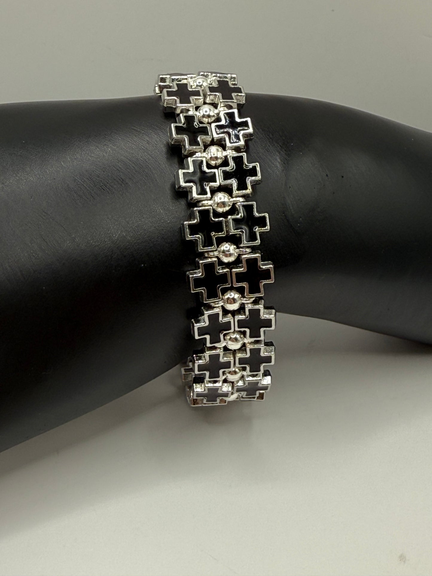 Bold Black Cross Link Bracelet – Adjustable 7.5” to 8”, Silver-Tone Double Row Design, Unique Statement Jewelry