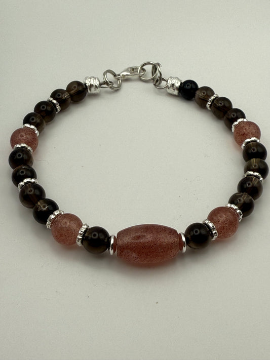 Smoky Quartz with Strawberry Quartz accents bracelet. 7.5"