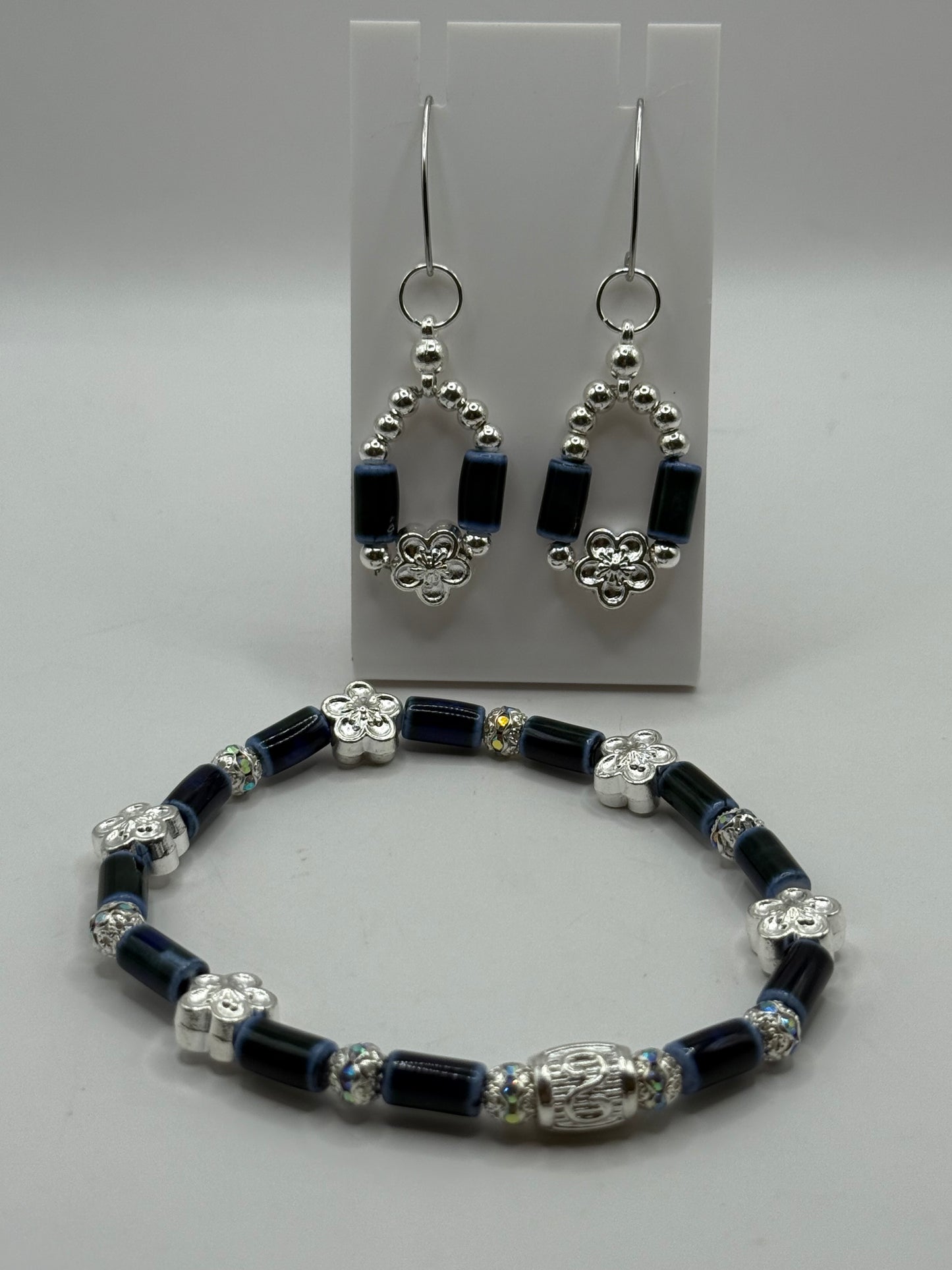 Blue Ceramic Tube Bead Bracelet with Free Matching Earrings – 8” Stretch Bracelet, Handmade Beaded Jewelry Set, Gift for Her