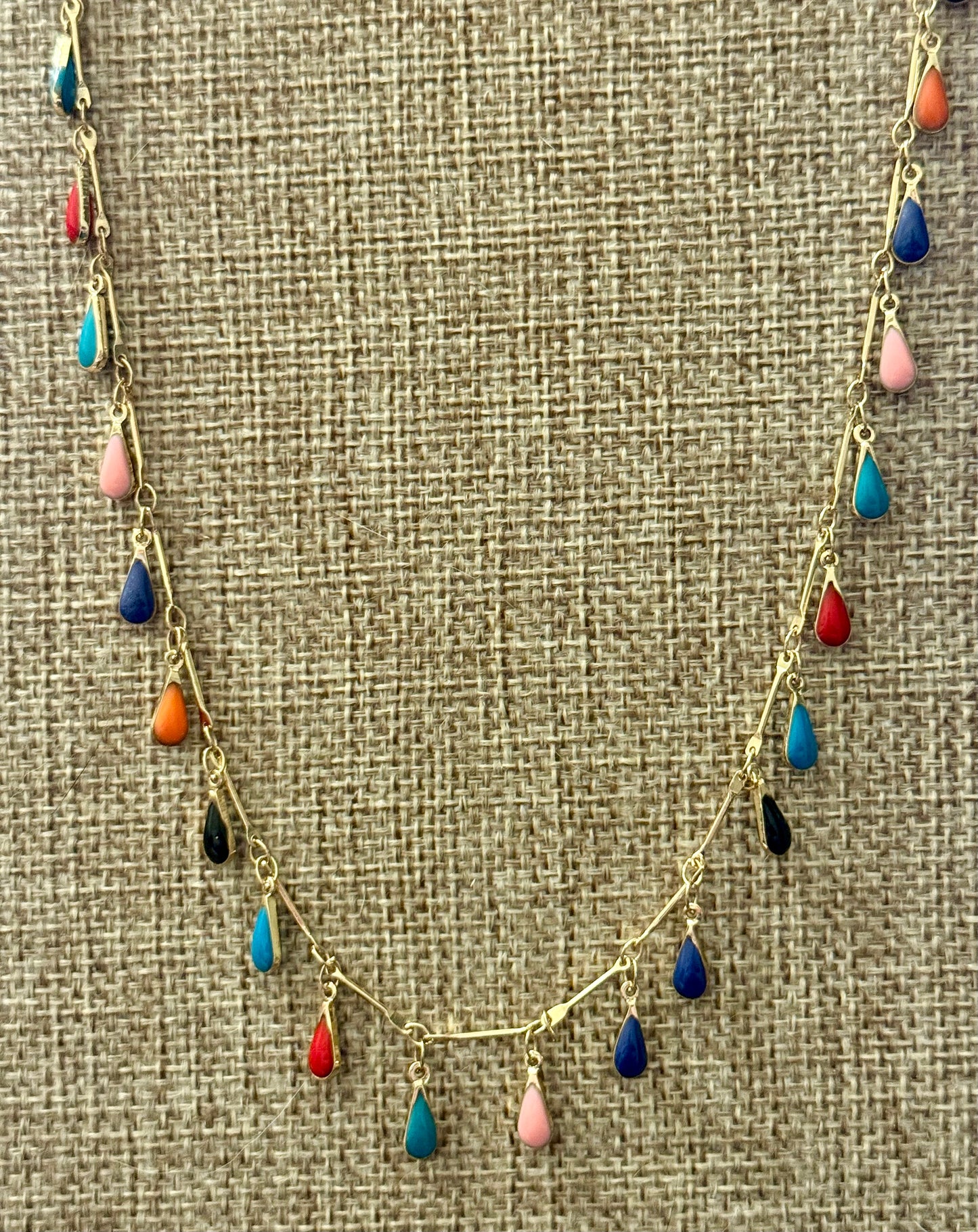 26” Multi-Color Teardrop Charm Necklace with Matching Earrings & Adjustable Bracelet – Gold Tone Boho Jewelry Set