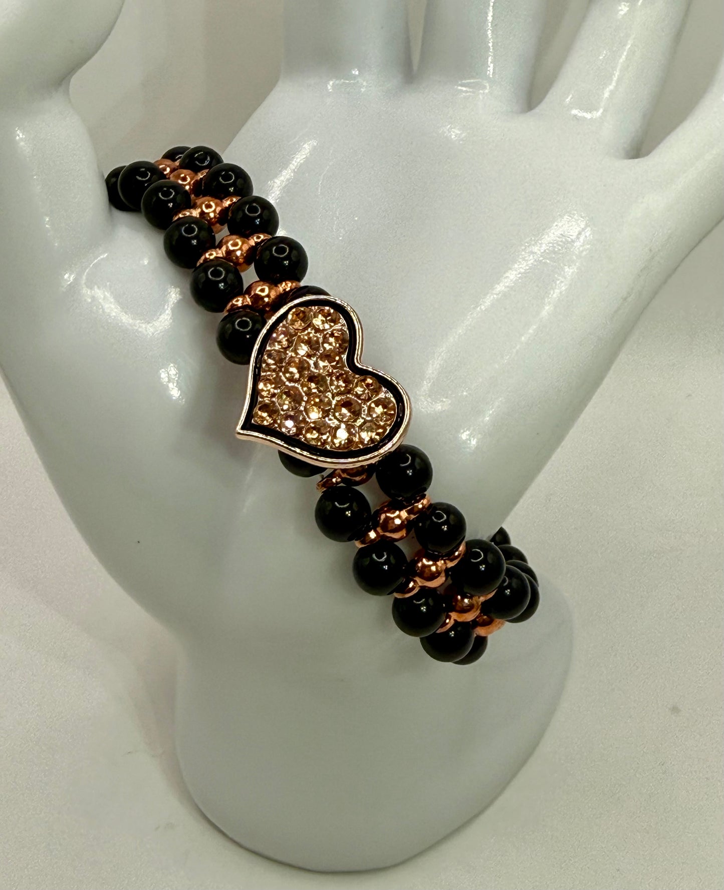 Black Agate and Rose Gold Bracelet – 8” Smooth Round Gemstone Bracelet with Pavé Crystal Heart Focal, Handmade Jewelry Gift for Her