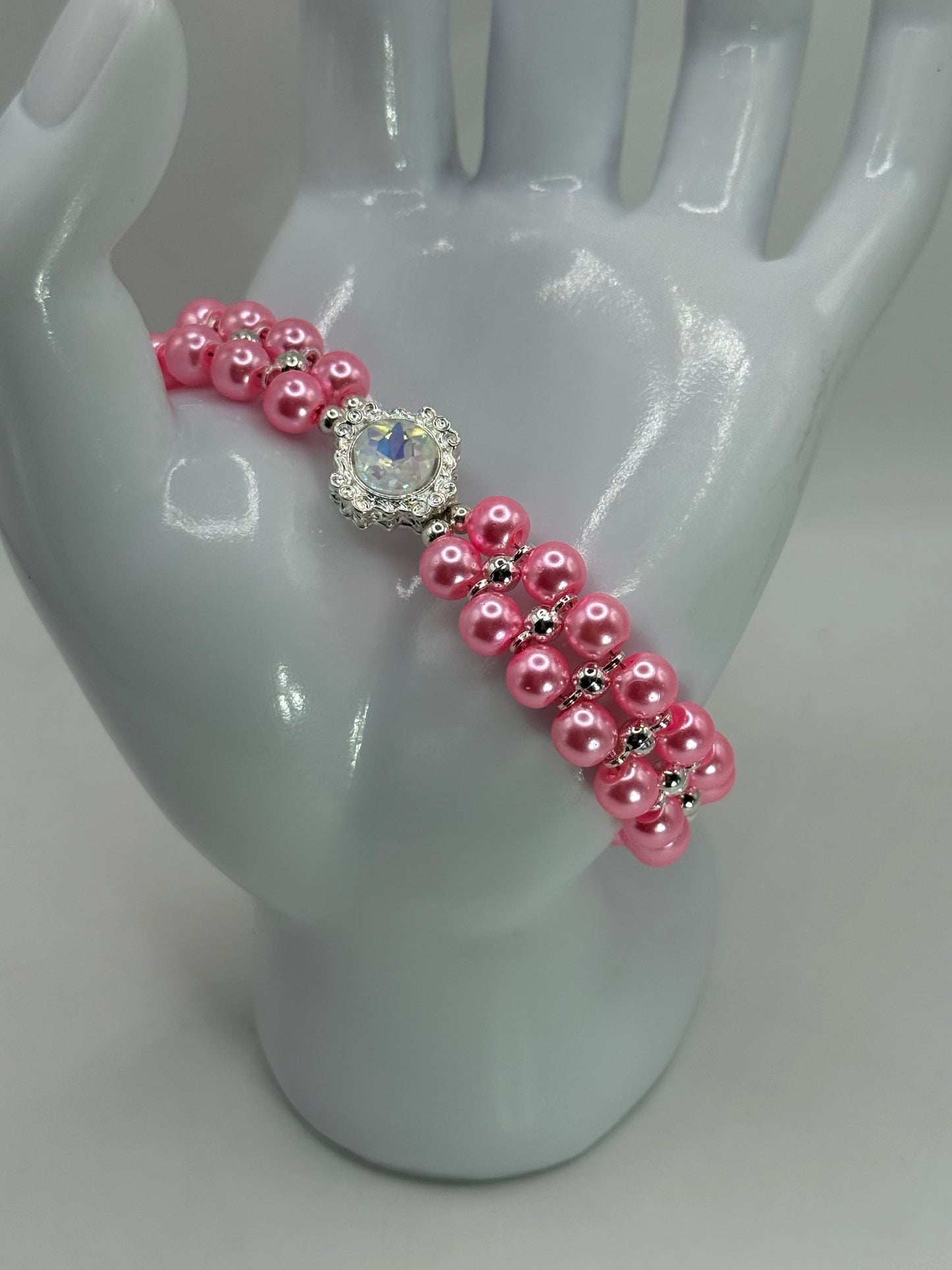 Pink Glass Pearl Bracelet with Opal Iridescent Focal | 8” Handmade Beaded Bracelet | Elegant Jewelry Gift for Her