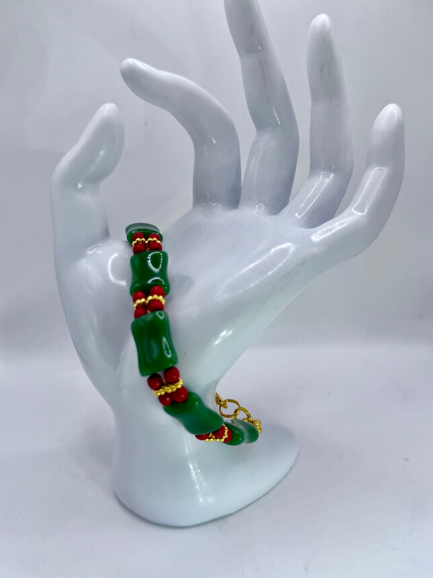 Green Jade & Red Accent Stretch Bracelet – 7.75”