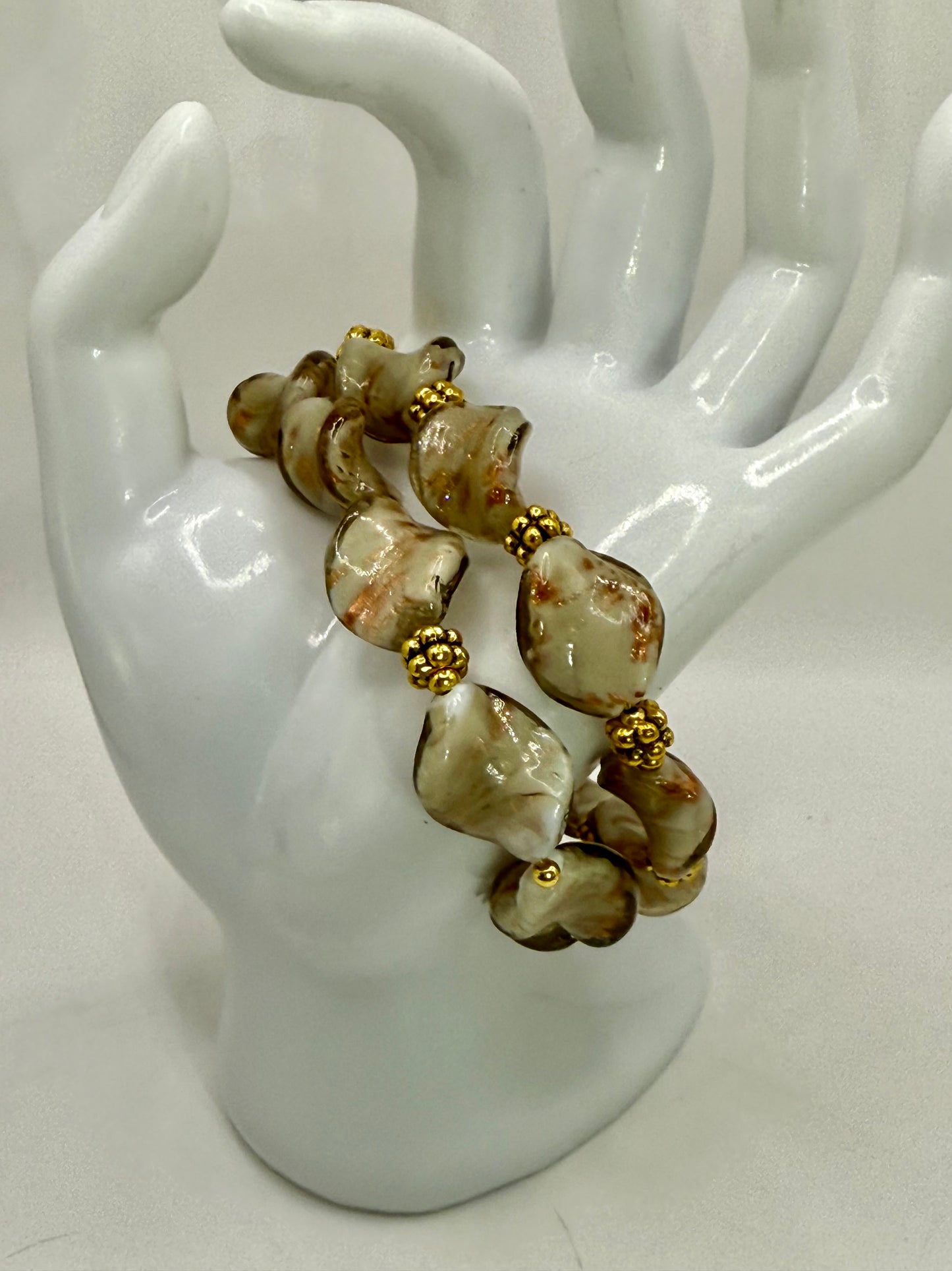 20” Cream Swirl Glass Bead Necklace + Matching Bracelets | Elegant, One-of-a-Kind Set