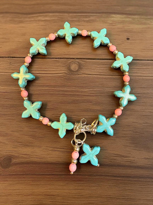Turquoise Cross and Pink Howlite Beaded Bracelet – Handmade Boho Jewelry
