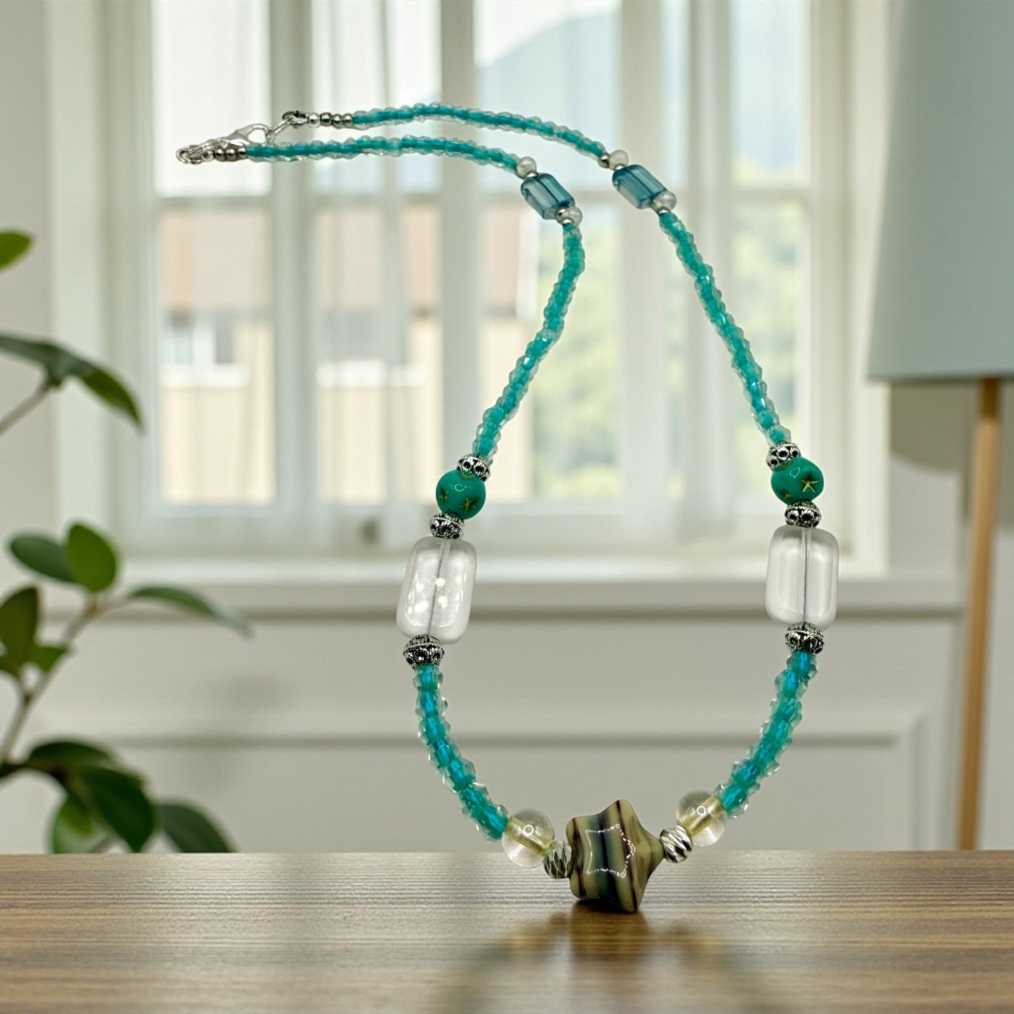Handmade Glass Bead Necklace with Star Focal | 20” Turquoise Beaded Necklace | Coastal Boho Jewelry