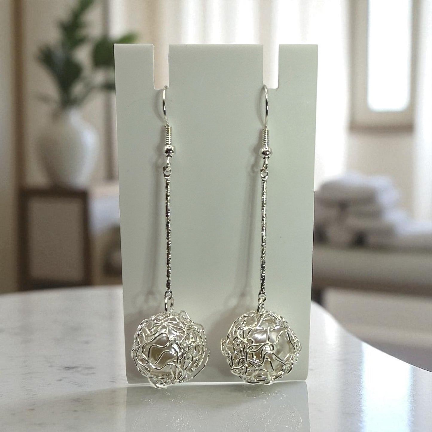 Silver Wire Wrapped Ball Earrings – Modern Long Dangle Statement Jewelry