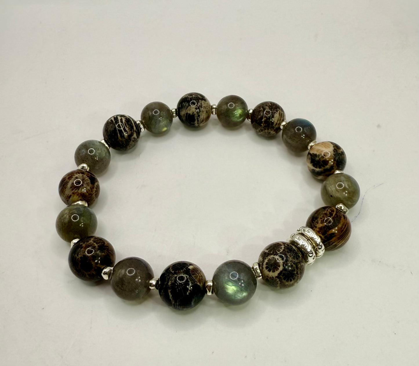 Labradorite and Coral Jade Gemstone Bracelet 7.5” | Stretch Bracelet | Boho Chic Energy Jewelry | Handmade by LuckyCharm Boutique