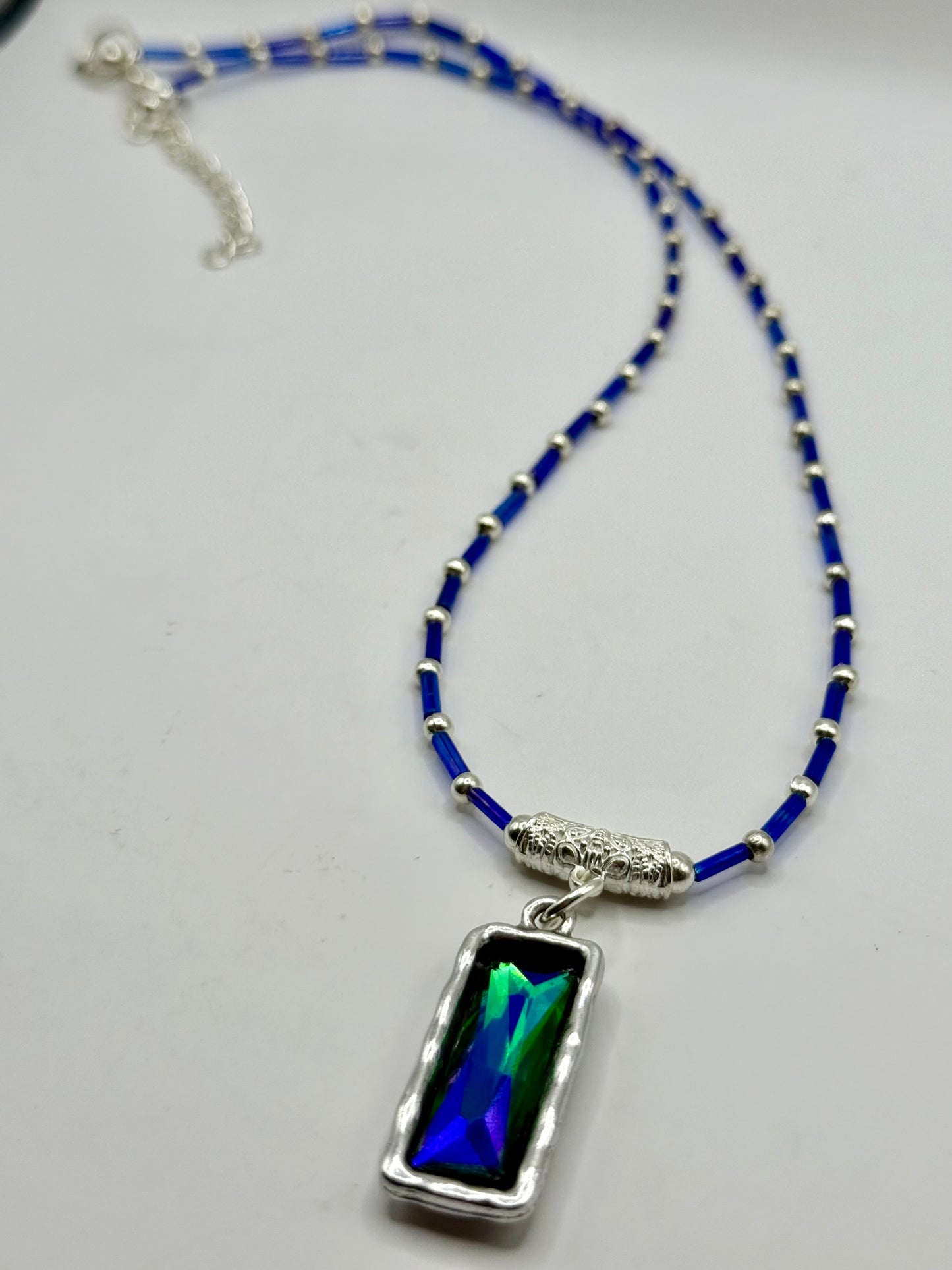 22” Blue Beaded Pendant Necklace with Green & Blue Rectangle Crystal | Handmade Boho Jewelry | Statement Necklace Gift for Her