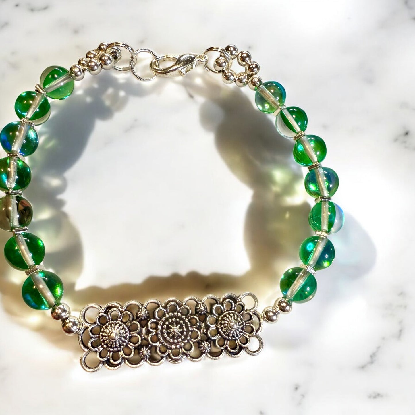 Green Mermaid Glass and Floral Connector Bracelet 7.5"