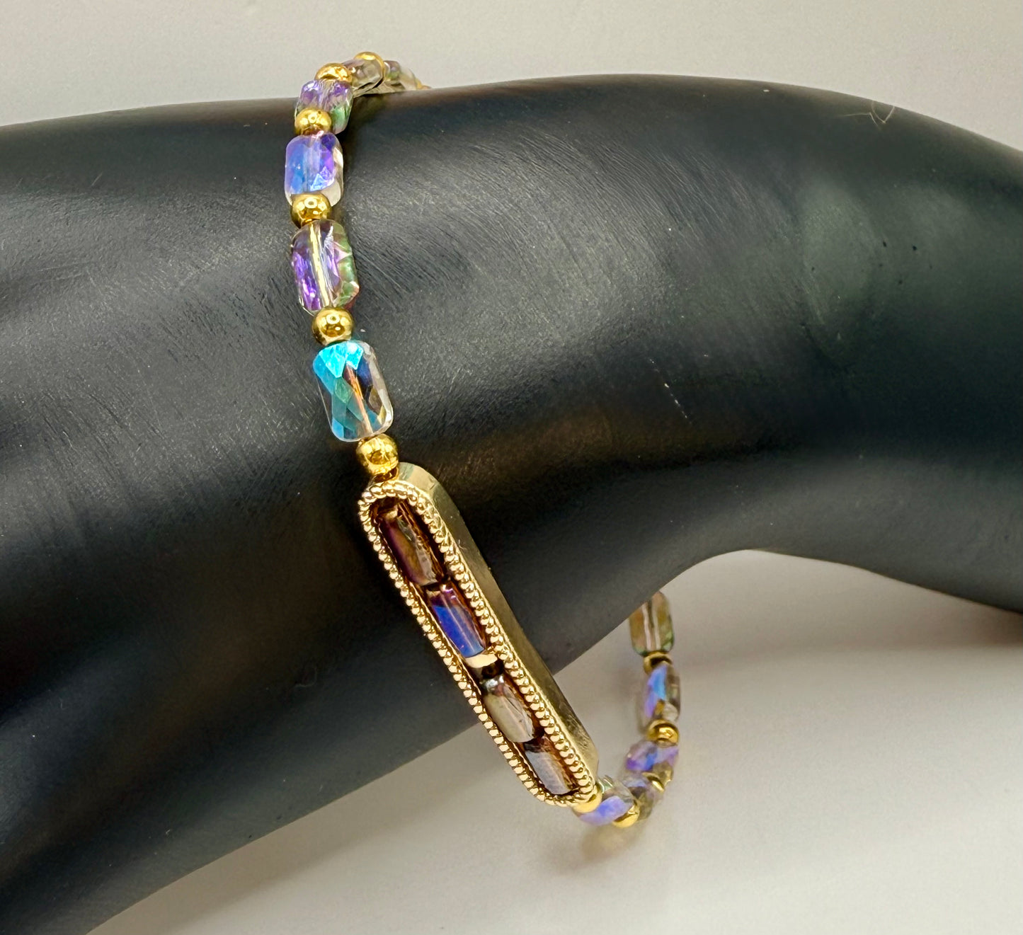 AB Iridescent Glass Bar Bracelet | Gold Frame Adjustable Bracelet | Handmade Sparkle Bracelet | 7–7.75 Inch