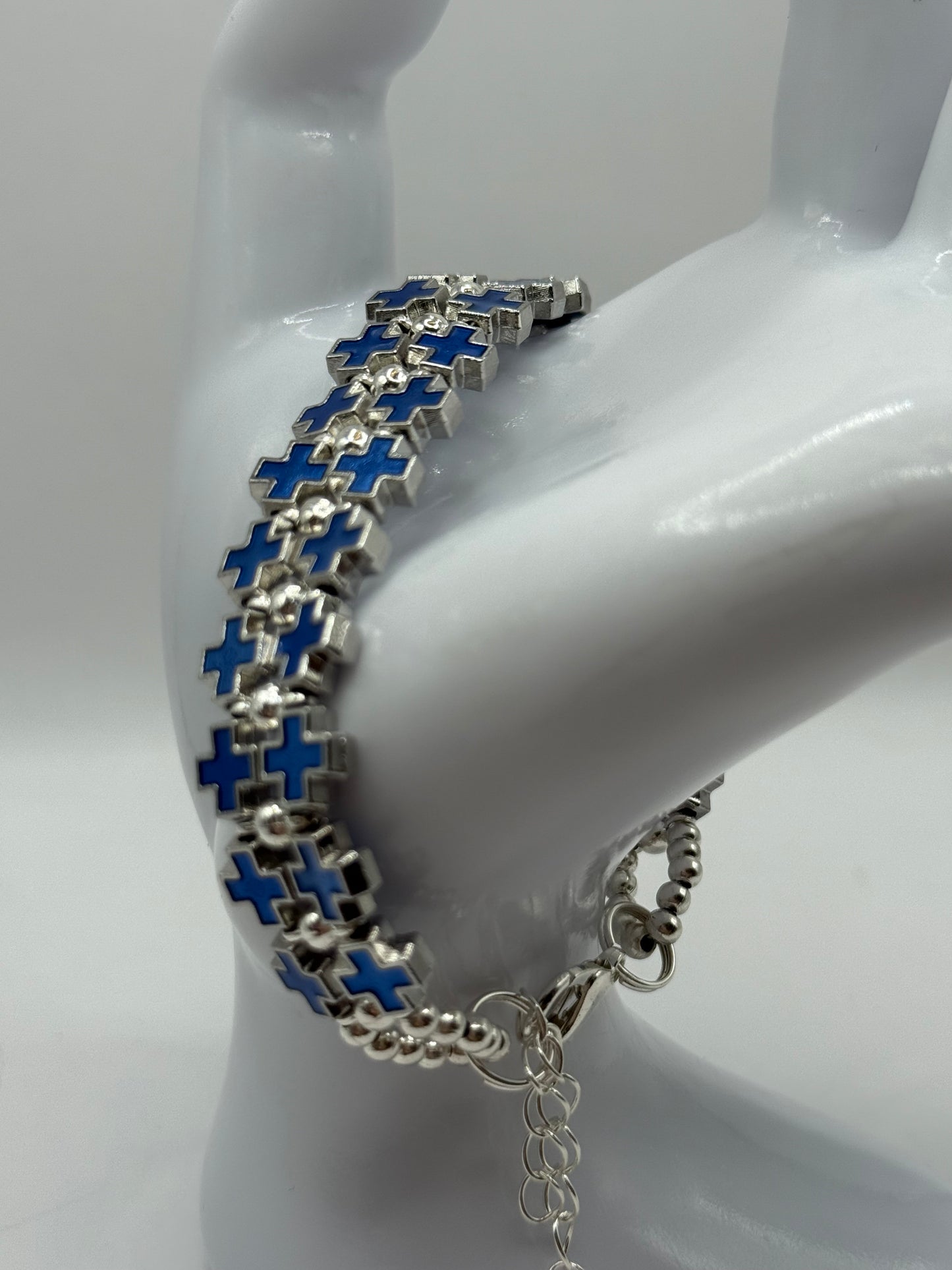 Bold Blue Cross Link Bracelet – Adjustable 7" to 7.5", Silver-Tone Double Row Design, Unique Statement Jewelry