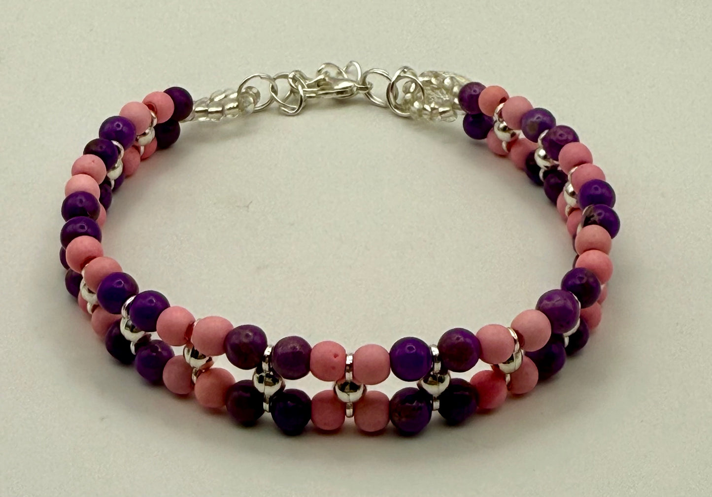 Phosphosiderite and Pink Turquoise Double Band Bracelet 7.5"