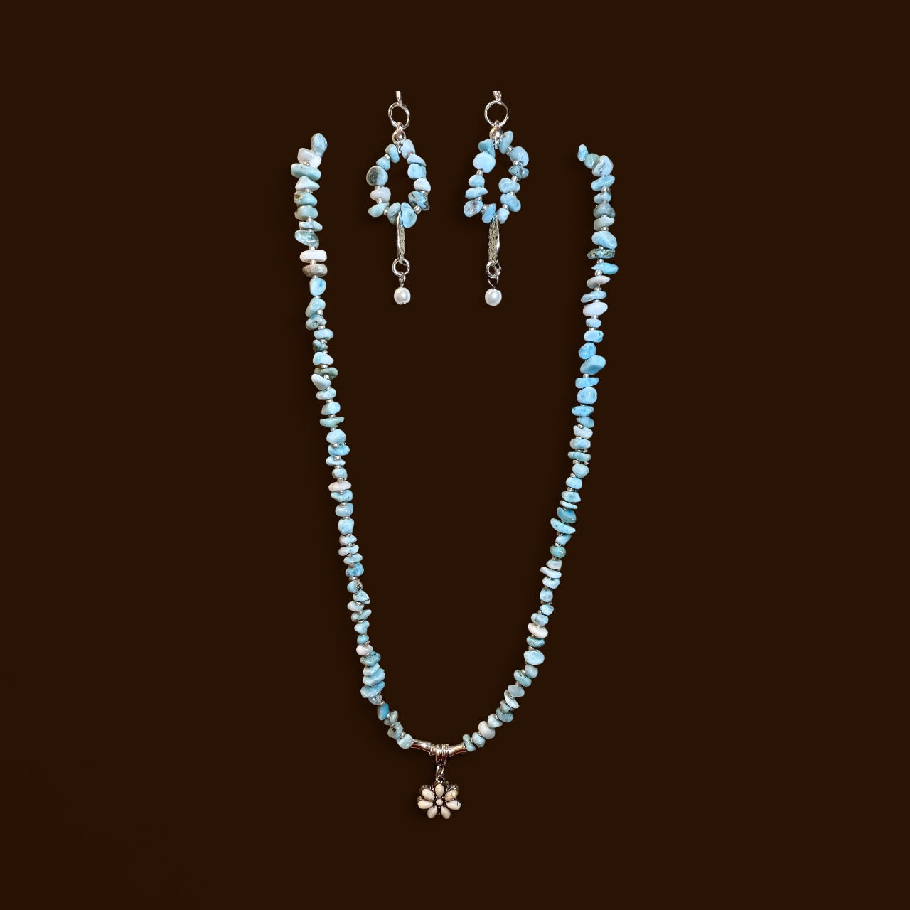 Handmade 20” Larimar Necklace with Matching Earrings – Natural Blue Gemstone Jewelry Set with Flower Pendant