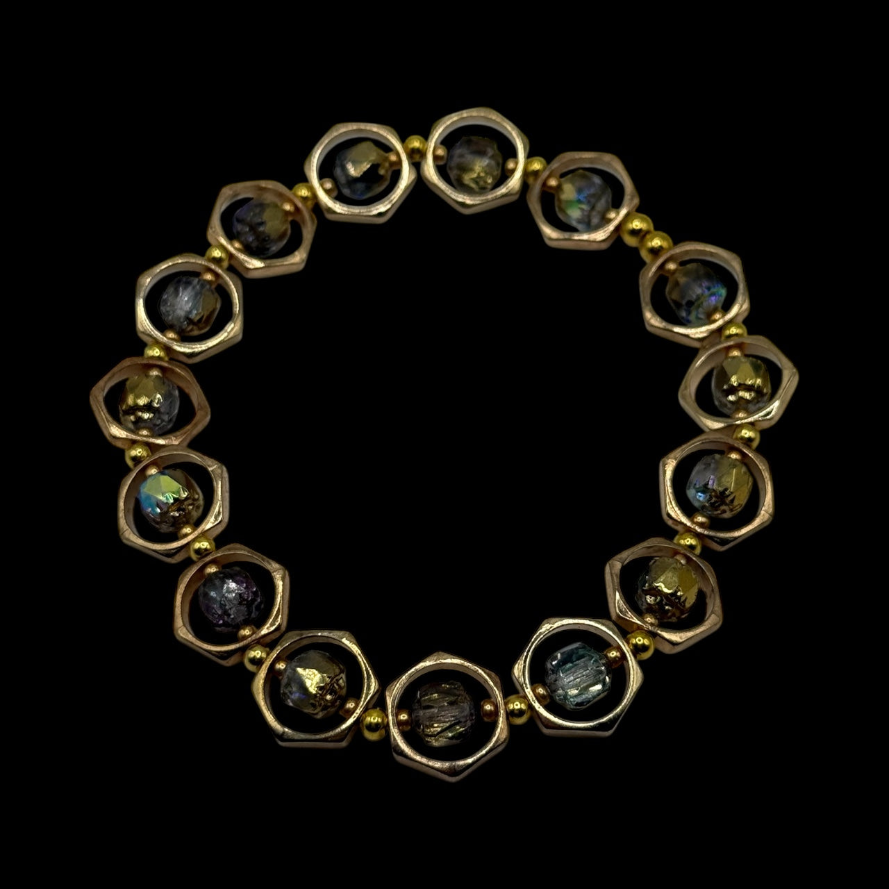 Golden Tone Lantern Bead Bracelet | 7.75” Stretch Bracelet with Iridescent Rainbow Beads | Elegant Boho Jewelry by LuckyCharm Boutique TX