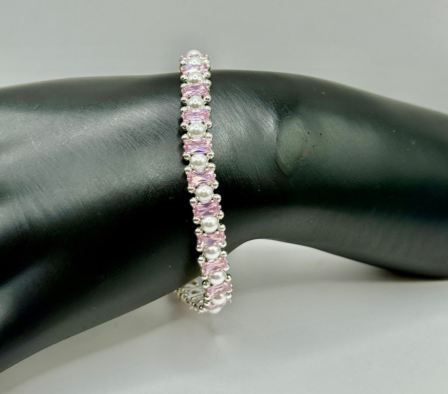 Pink Rhinestone & White Glass Pearl Bracelet – 7.5” – Elegant Clasp Bracelet – Bridal Jewelry – Romantic Gift for Her – Sparkling Statement Bracelet
