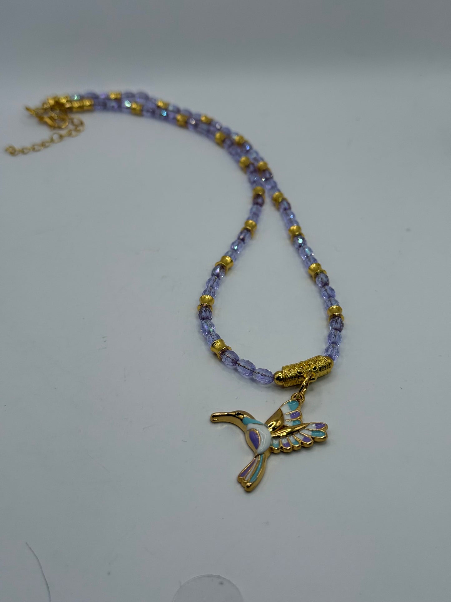 Purple Faceted Glass Necklace with Hummingbird Pendant – 18” Sparkly Beaded Necklace with Gold Accents – Free Matching Earrings Included