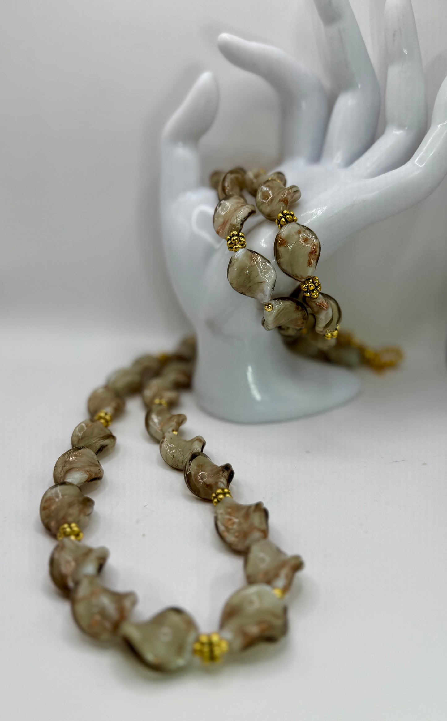20” Cream Swirl Glass Bead Necklace + Matching Bracelets | Elegant, One-of-a-Kind Set