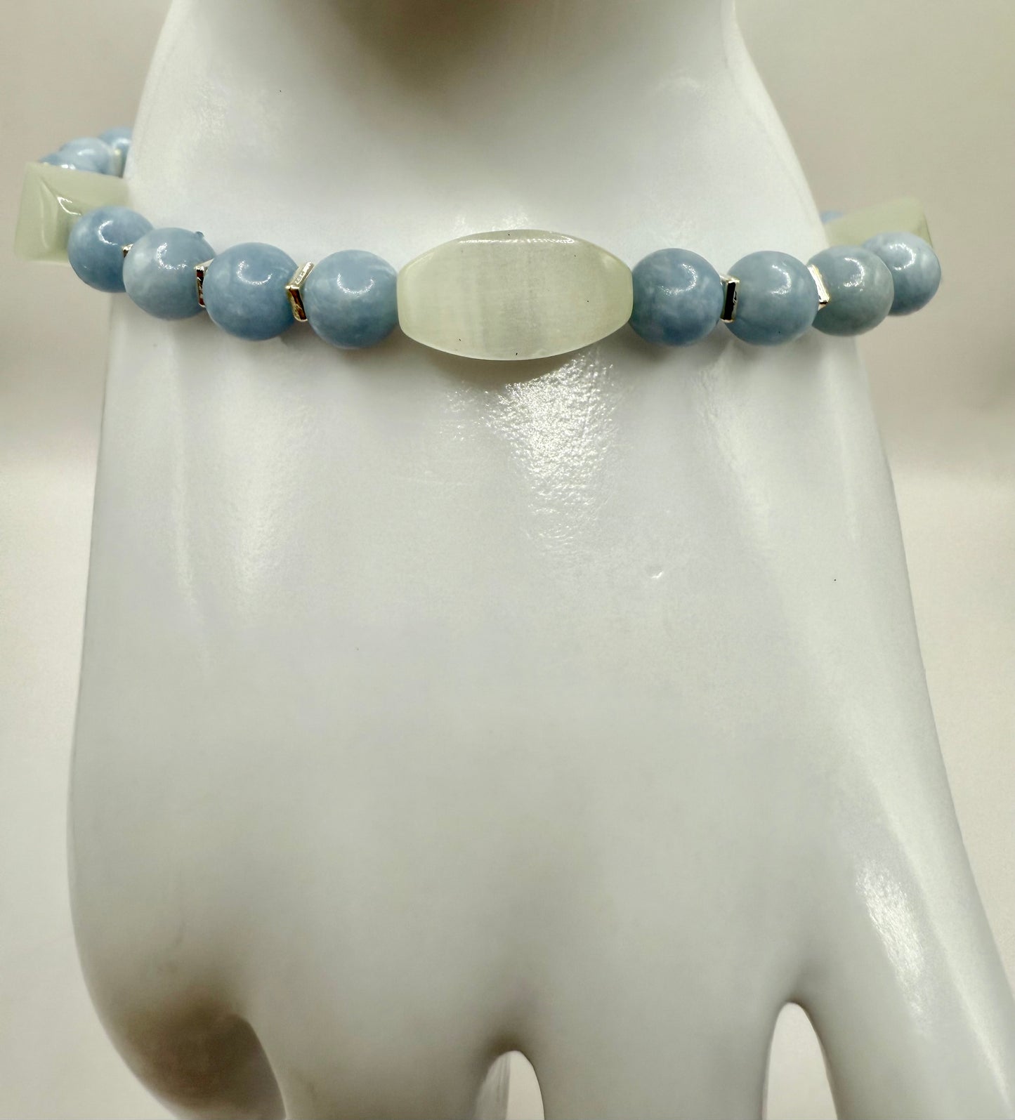 Angelite & Cat Eye Selenite Bracelet – 8” Stretch – Calming Blue & White Gemstone Jewelry – Healing Crystal Bracelet – Free Resizing