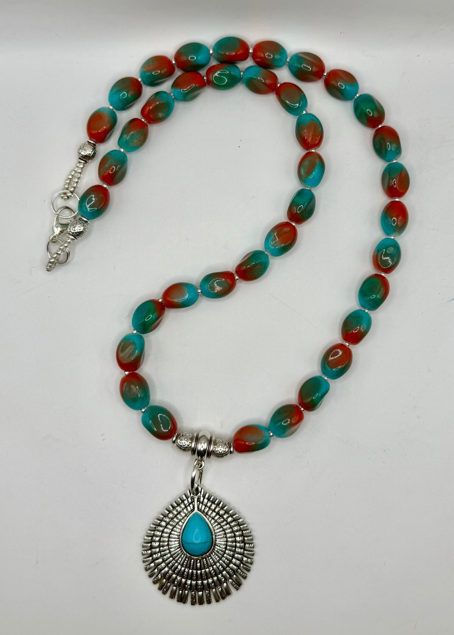 Turquoise & Coral Glass Bead Necklace – 22” Sunburst Pendant Statement Necklace – Southwestern Boho Jewelry – Handmade Gift for Her