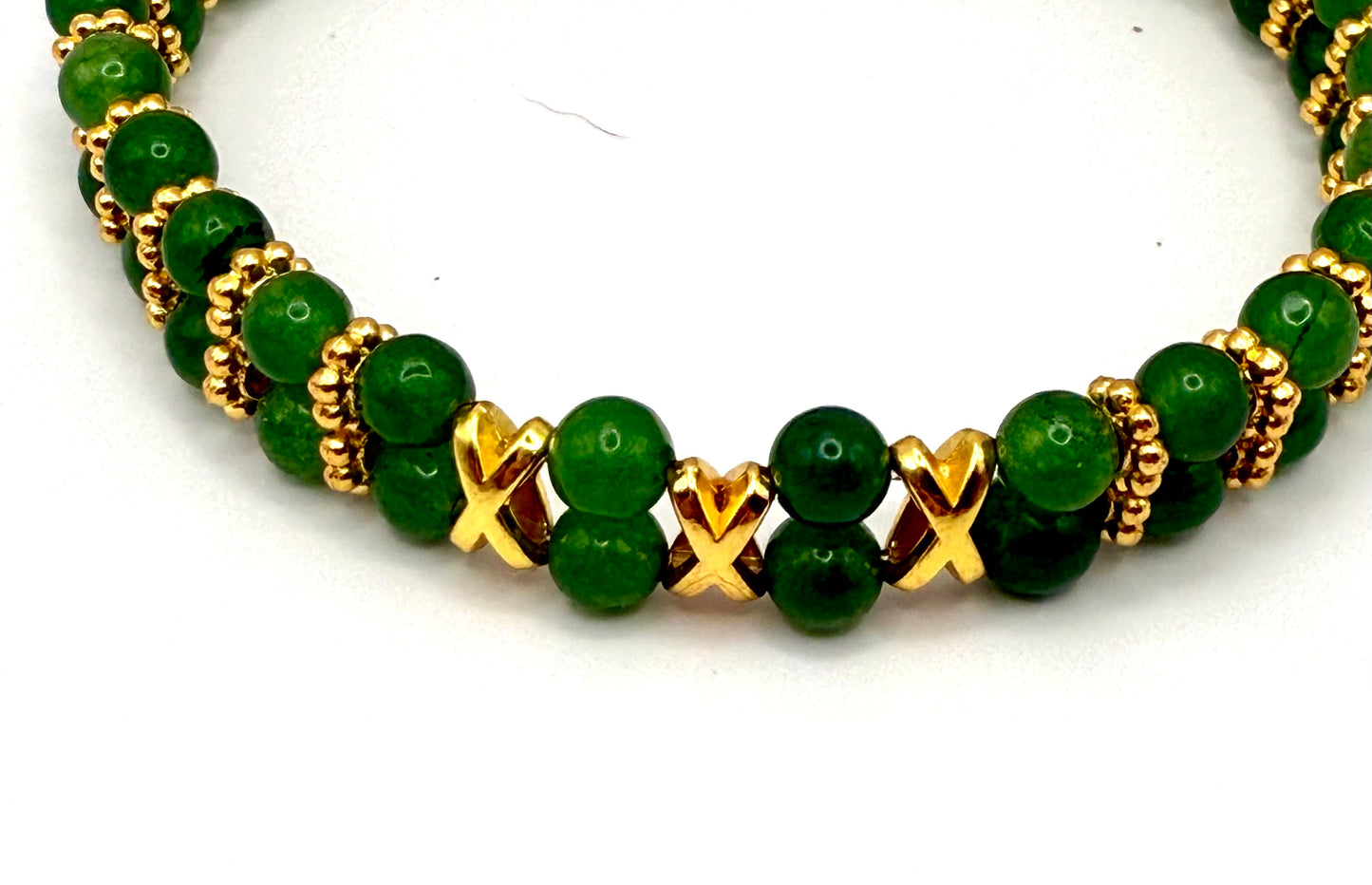 Traditional Green Jade and Gold Accent Stretch Bracelet 7.5"