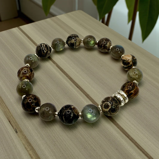 Labradorite and Coral Jade Gemstone Bracelet 7.5” | Stretch Bracelet | Boho Chic Energy Jewelry | Handmade by LuckyCharm Boutique