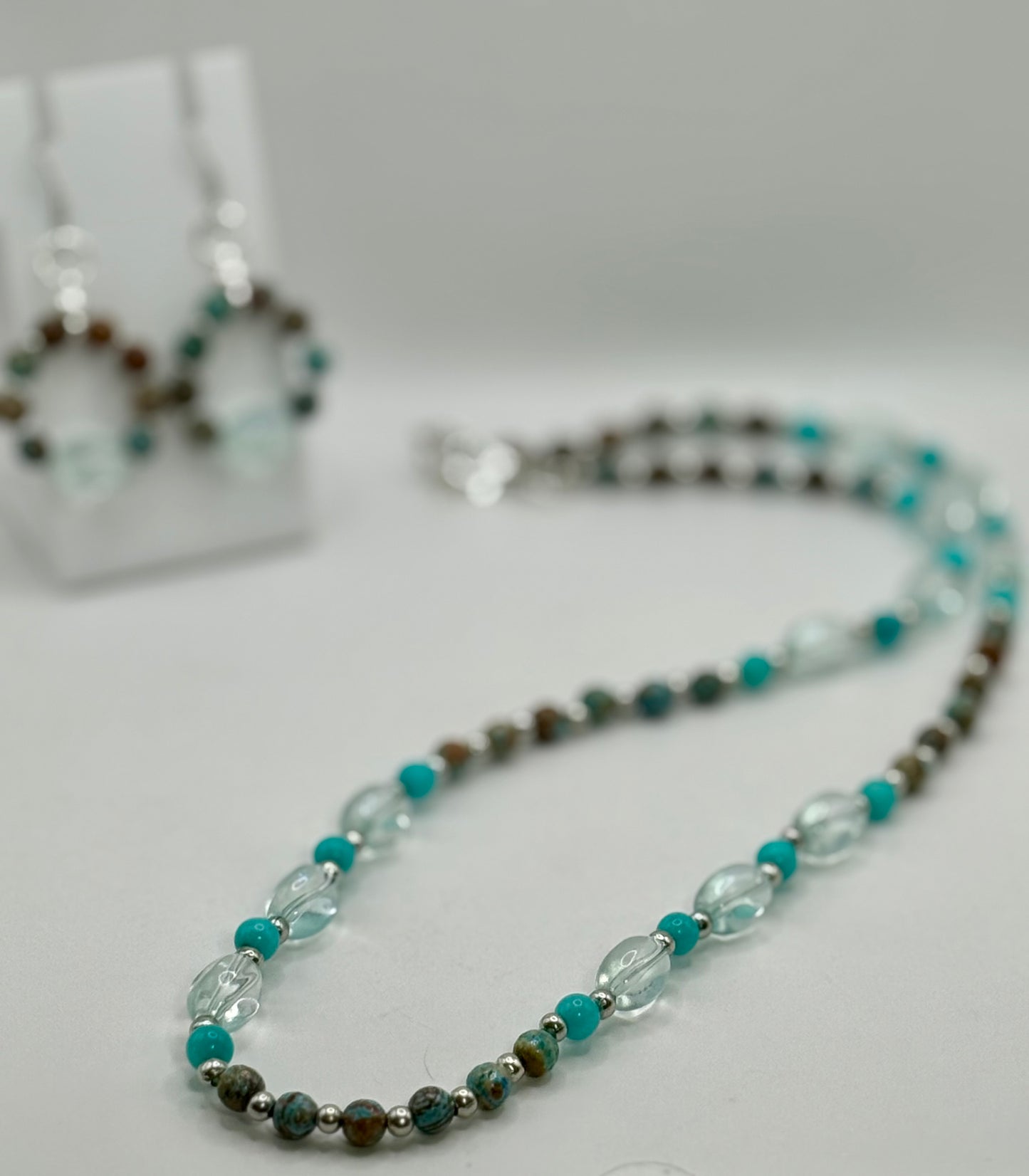 Desert Jasper and Amazonite Necklace Set – 20” Beaded Necklace with Matching Earrings, Natural Gemstone Jewelry, Handmade Gift for Her