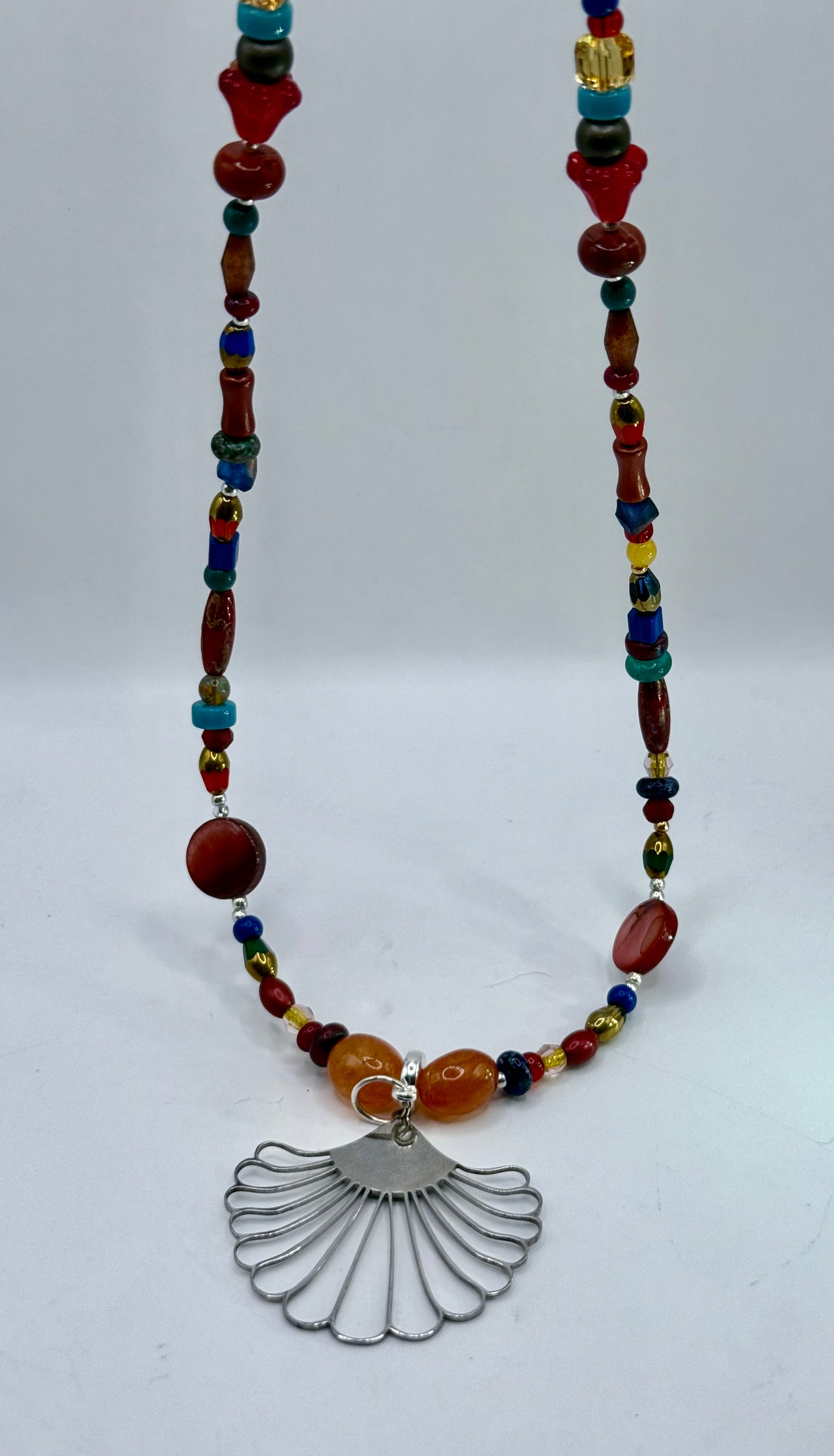 26” Boho Multicolor Beaded Necklace with Silver Fan Pendant | Handmade Artisan Necklace