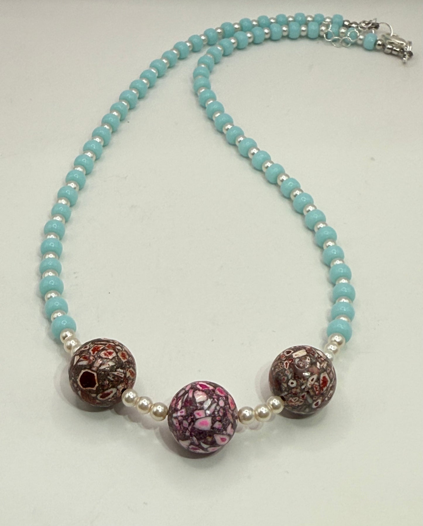 20” Blue Jade Beaded Necklace with Daqi Focal Beads – Unique Statement Jewelry, Bold Mosaic Beads, Handmade Gift for Her