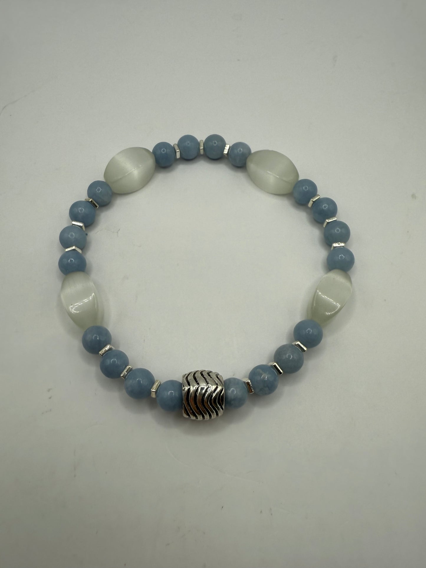 Angelite & Cat Eye Selenite Bracelet – 8” Stretch – Calming Blue & White Gemstone Jewelry – Healing Crystal Bracelet – Free Resizing