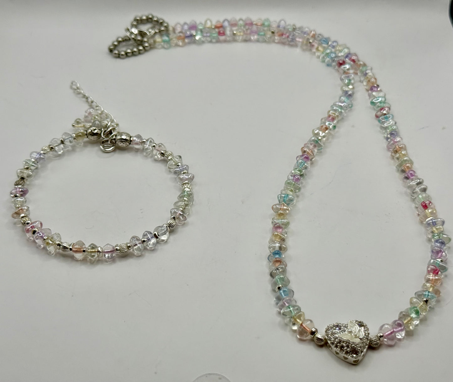 Pastel Glass Chip Necklace with Butterfly Heart Pendant – 22” Beaded Necklace + FREE Matching Bracelet