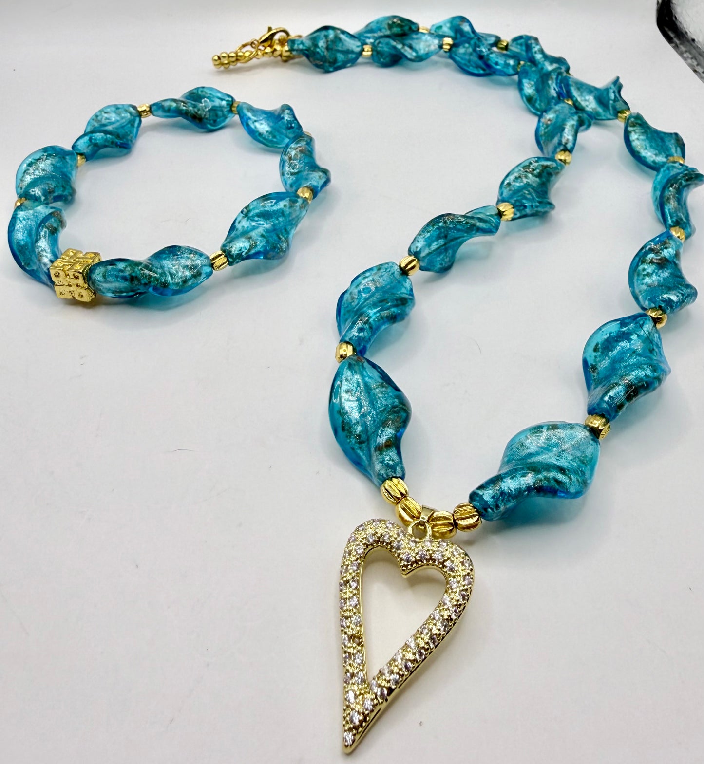 Blue Glass Beaded Necklace and Bracelet Set | 20 Inch Handmade Necklace | Elastic Bracelet | Gold Heart Charm Jewelry | Gift for Her