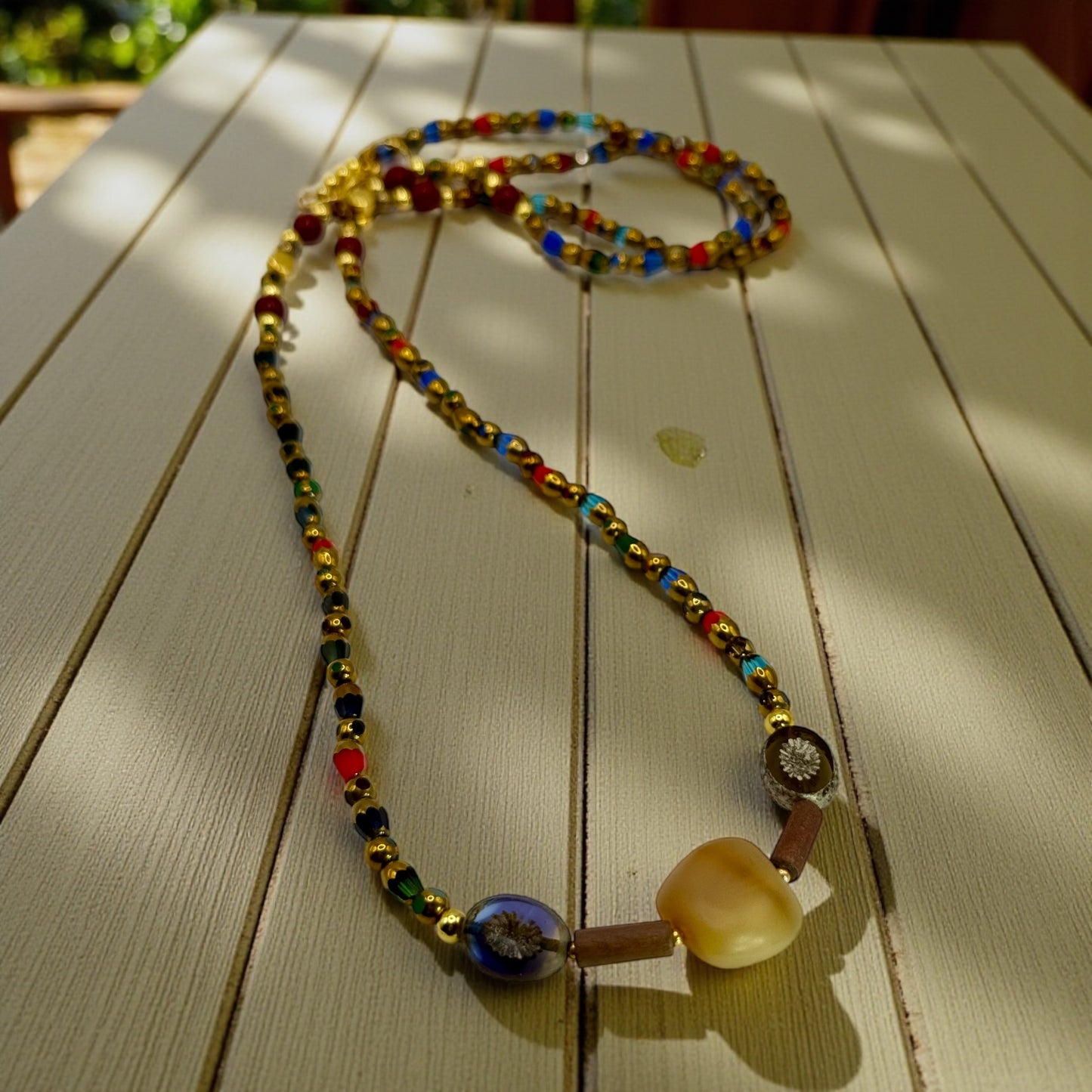Boho Czech Glass Necklace 22” • Gold Accent Handmade Jewelry • Colorful Floral Focal Beads • Unique Gift