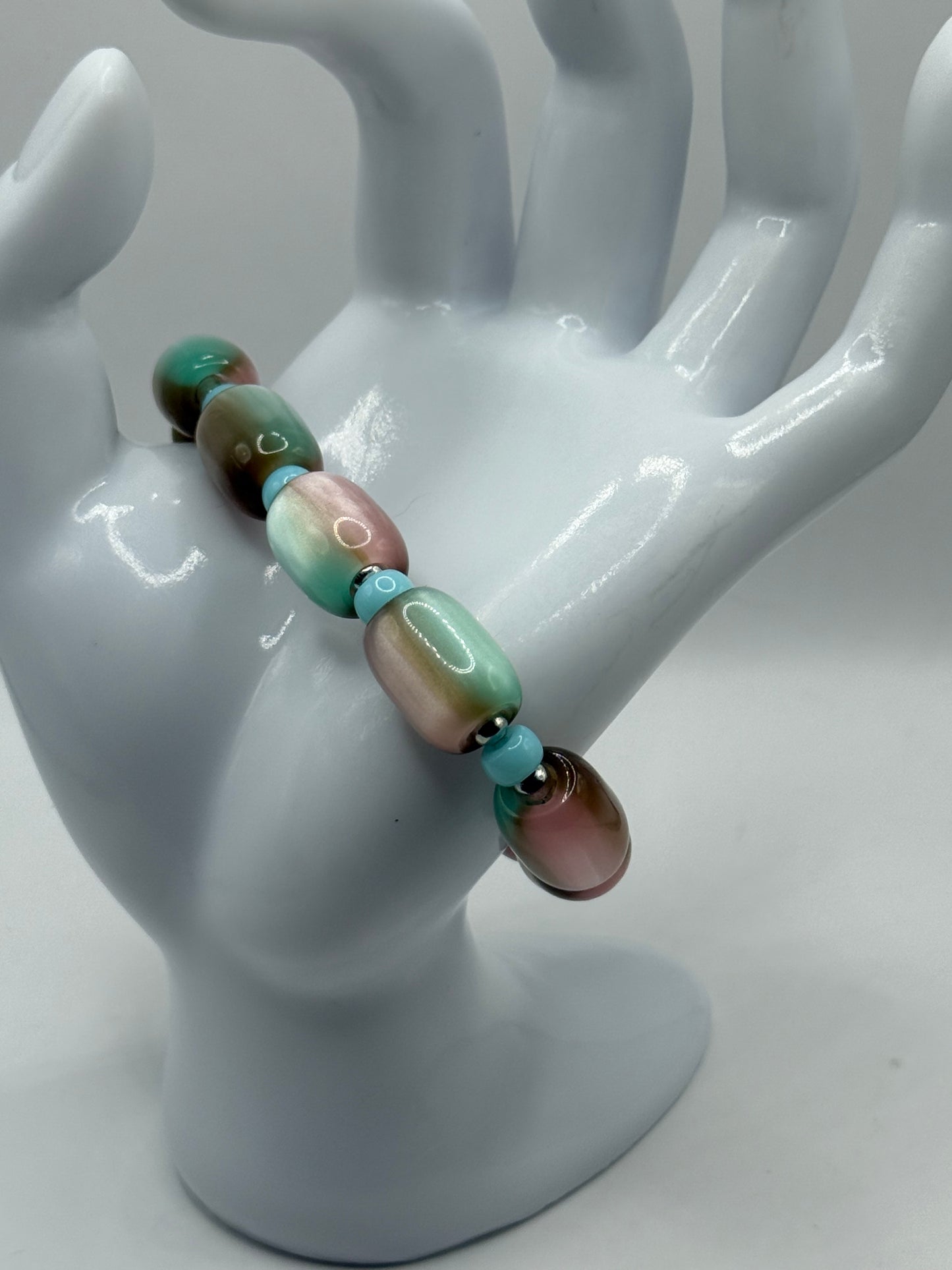 Chunky Resin Barrel Bead Stretch Bracelet | Colorful Retro and Beach Fusion Statement Jewelry | Handmade 7” Beaded Bracelet (Custom Sizing Available)