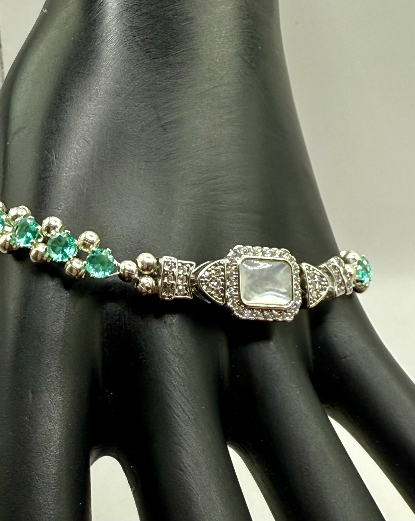 Elegant Rhinestone Bracelet with Mother of Pearl Clasp – 7.75” – Sparkling Silver Tone Jewelry – Statement Bracelet – Gift for Her