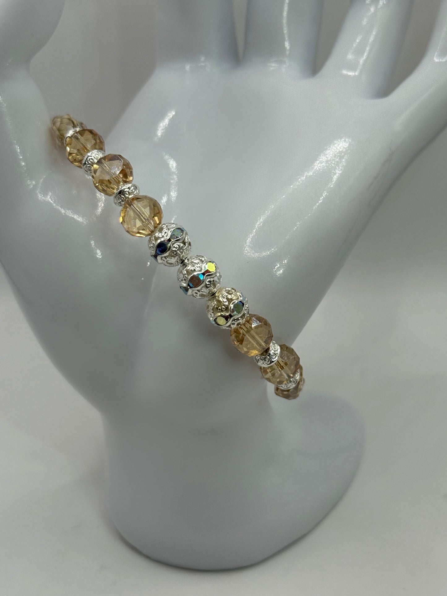 Champagne Glass Bead Bracelet with Silver Accents | 7.5” Clasp | Elegant Handmade Jewelry Gift