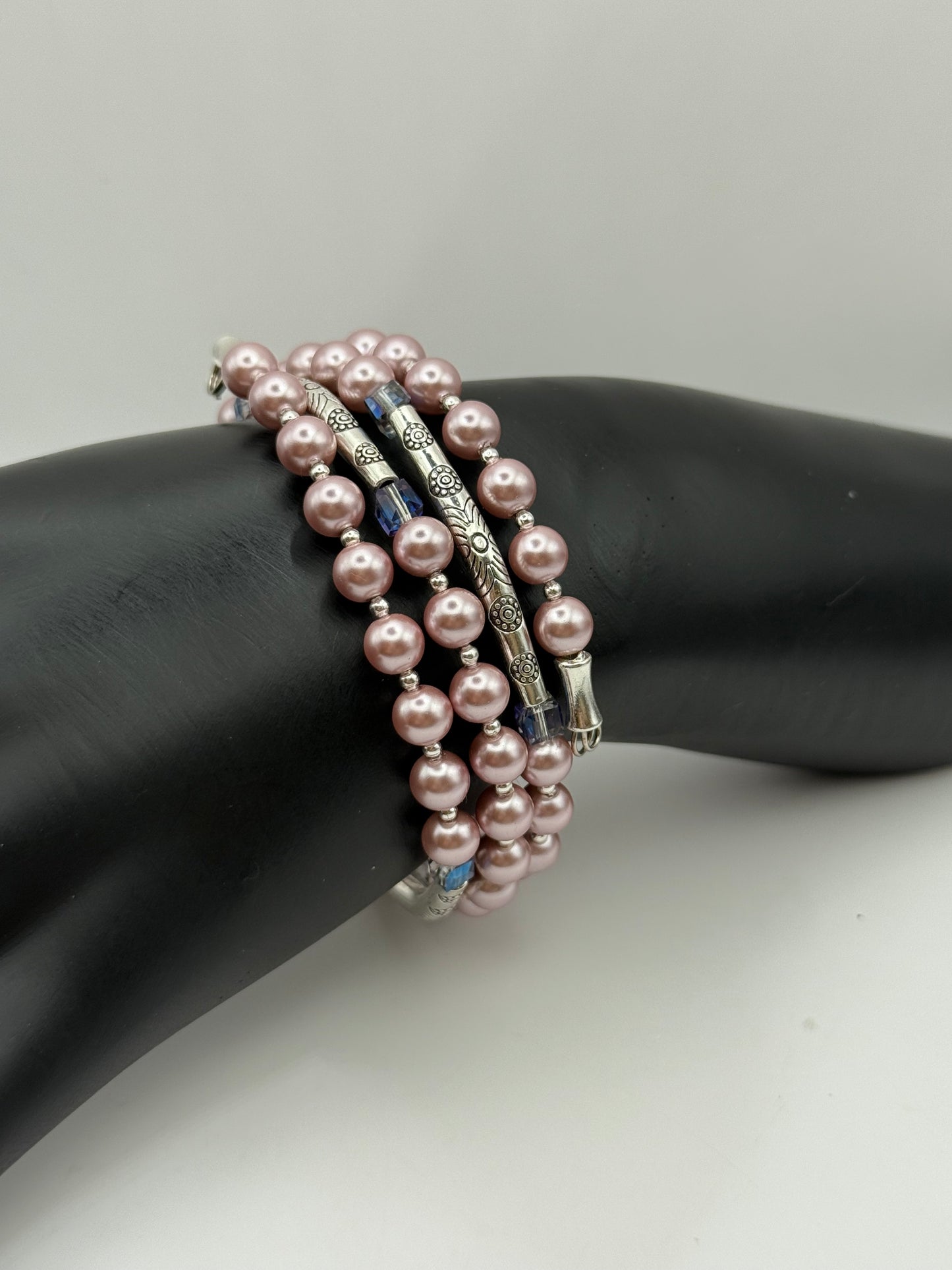 Dusty Rose Pearl Beaded Wrap Bracelet – One Size Fits Most - Memory Wire with Silver Accents