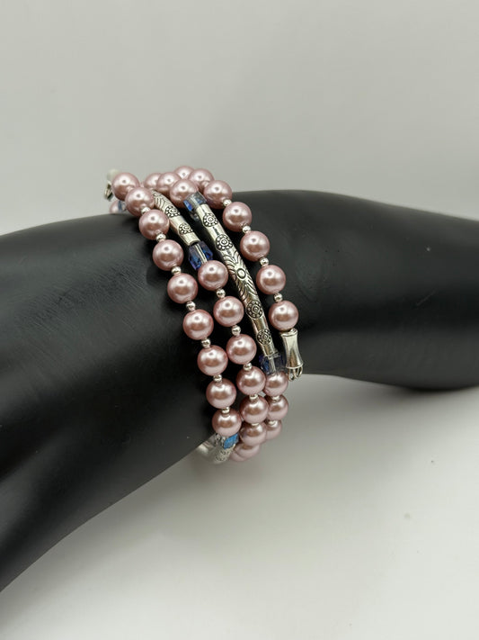 Dusty Rose Pearl Beaded Wrap Bracelet – One Size Fits Most - Memory Wire with Silver Accents